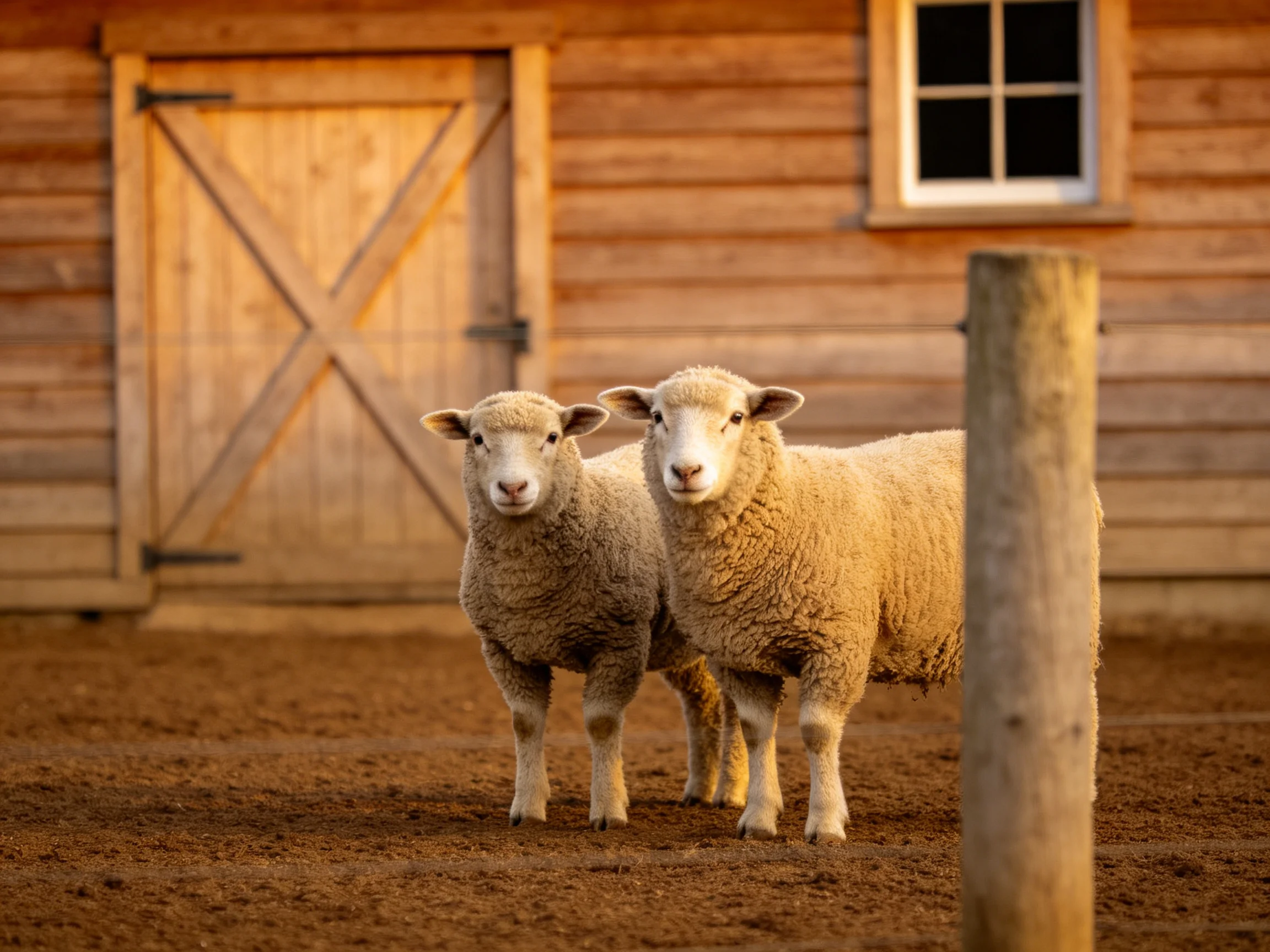 Two sheep near a rustic wooden barn with brown dirt ground