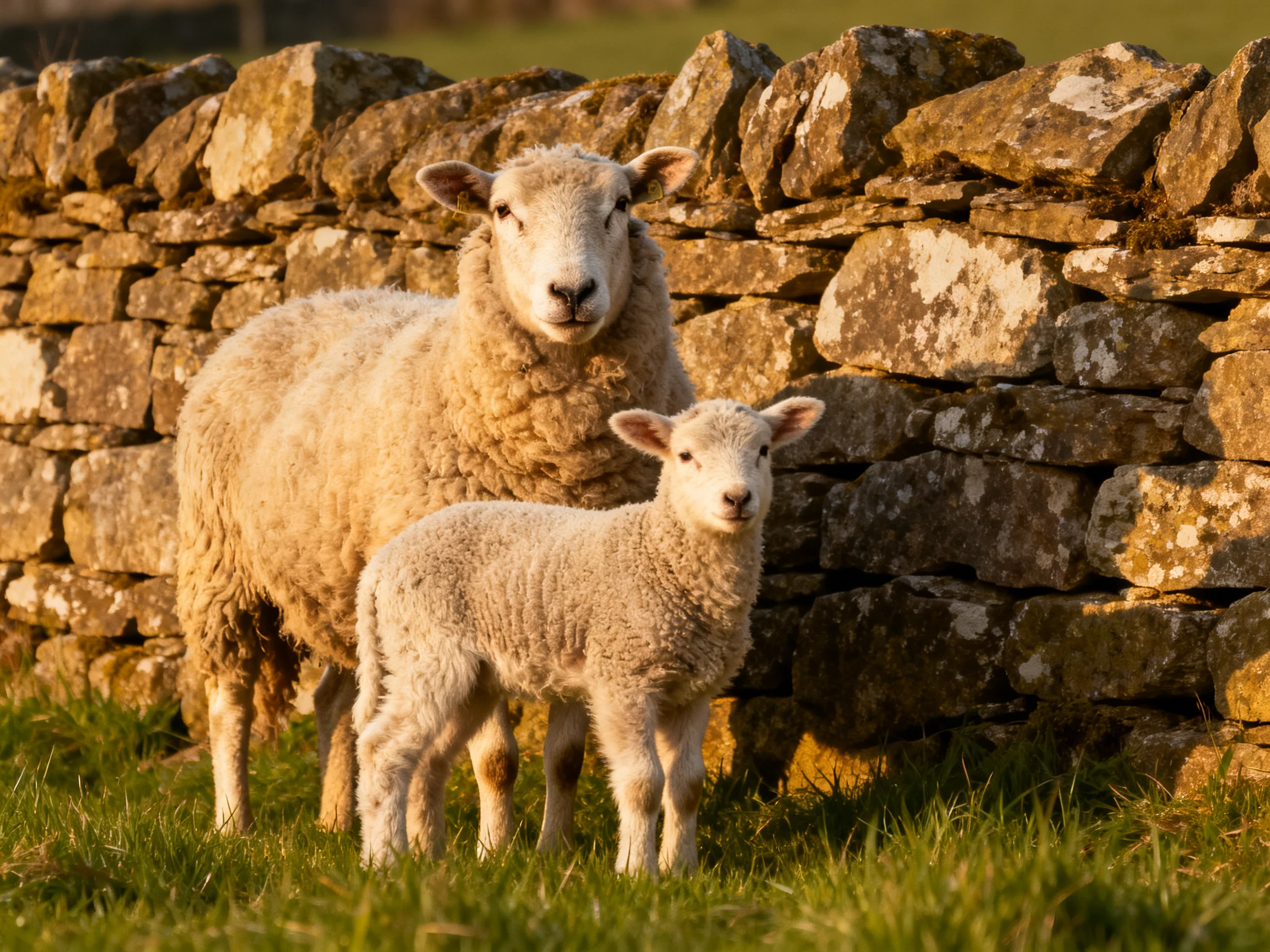 Two sheep near an aged stone wall in golden sunlight