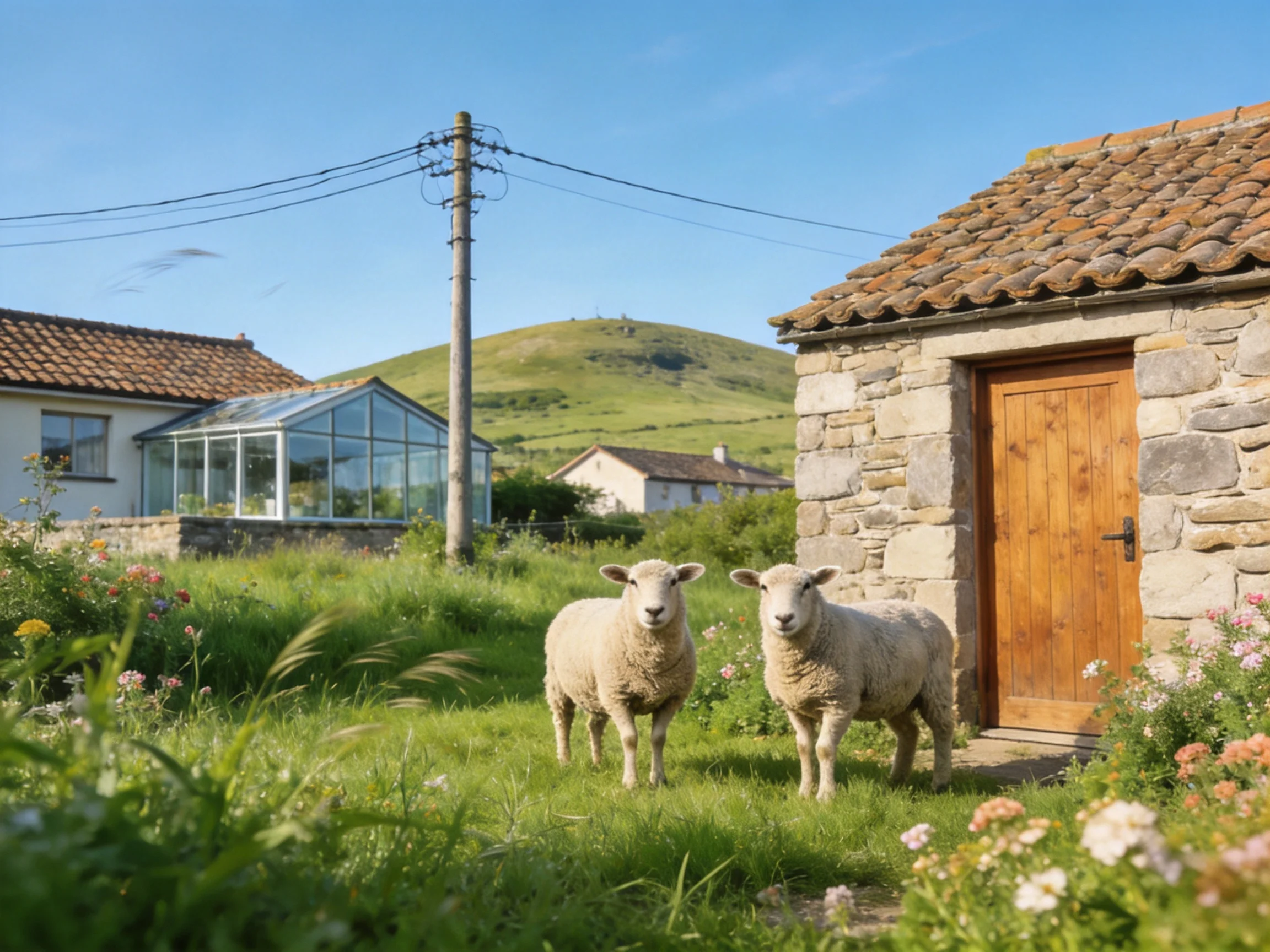 Two sheep stand among grassy fields near stone cottages and rolling green hills.