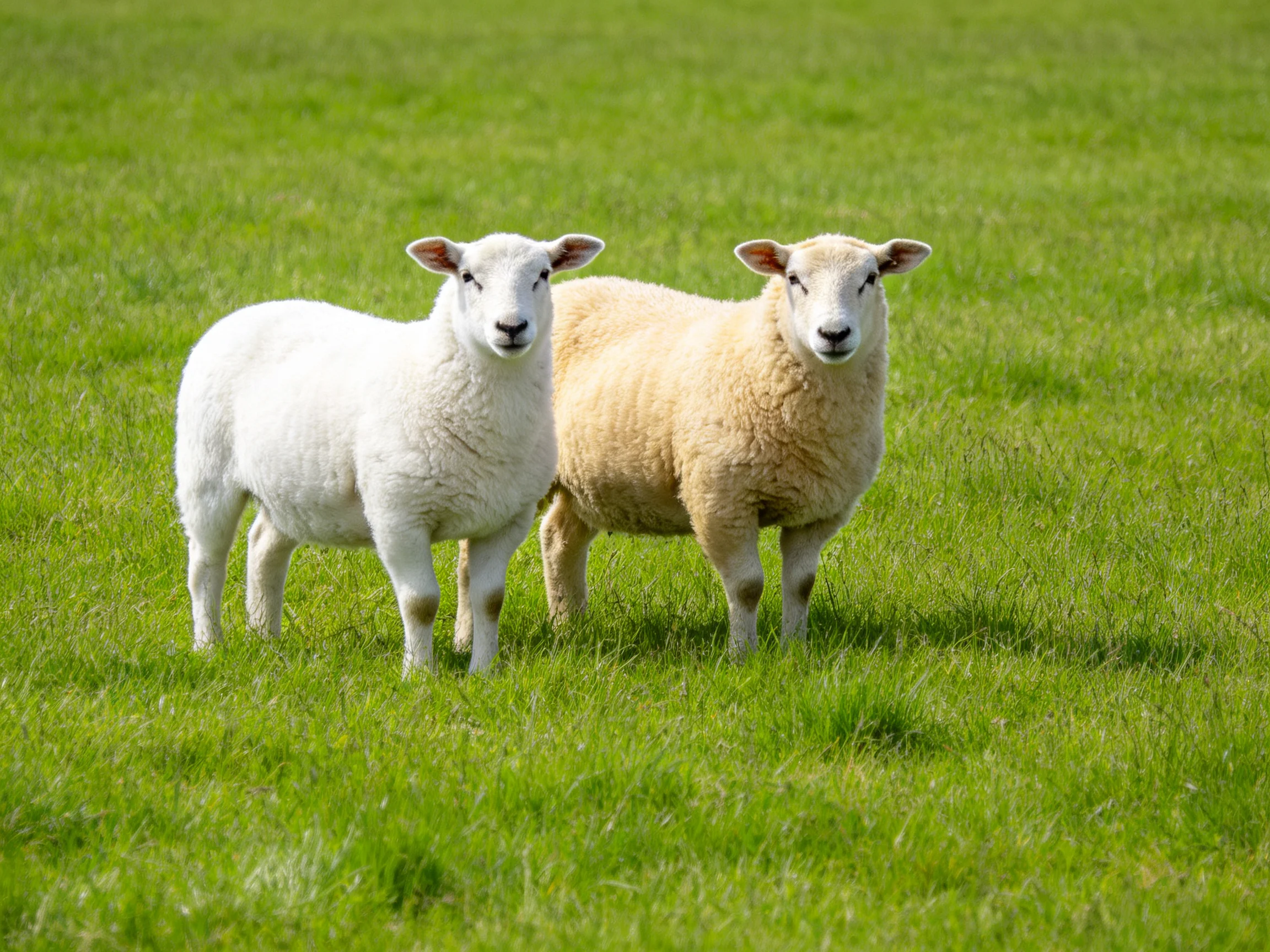 Two sheep of different hues graze in a verdant pasture.