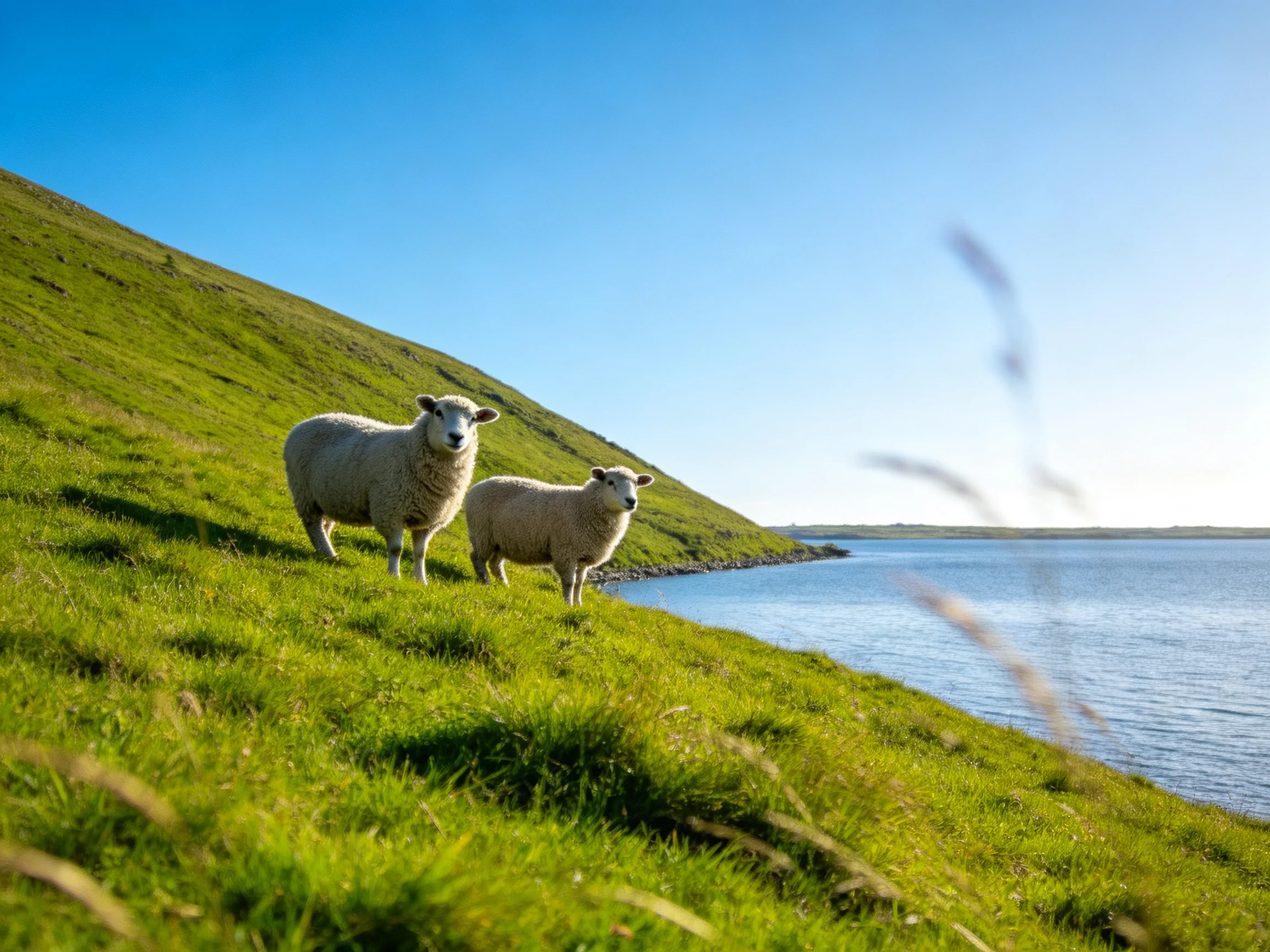 Two sheep on a lush green hillside by calm waters