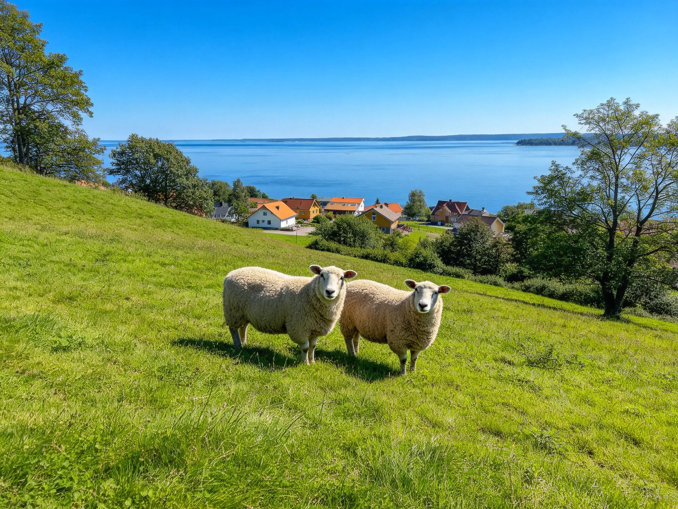 Two sheep on a lush green hillside near a coastal village
