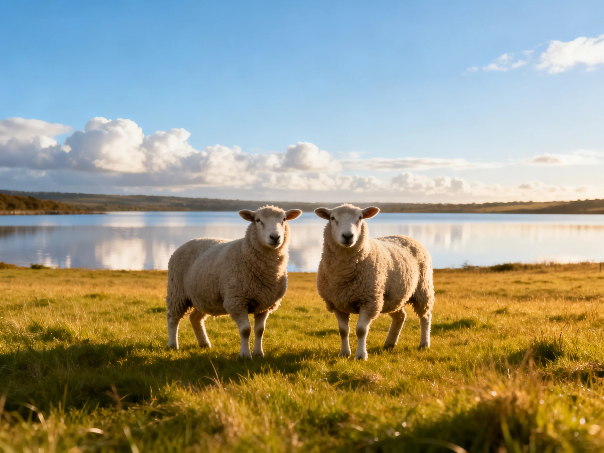 Two sheep on golden grass by a calm blue lake