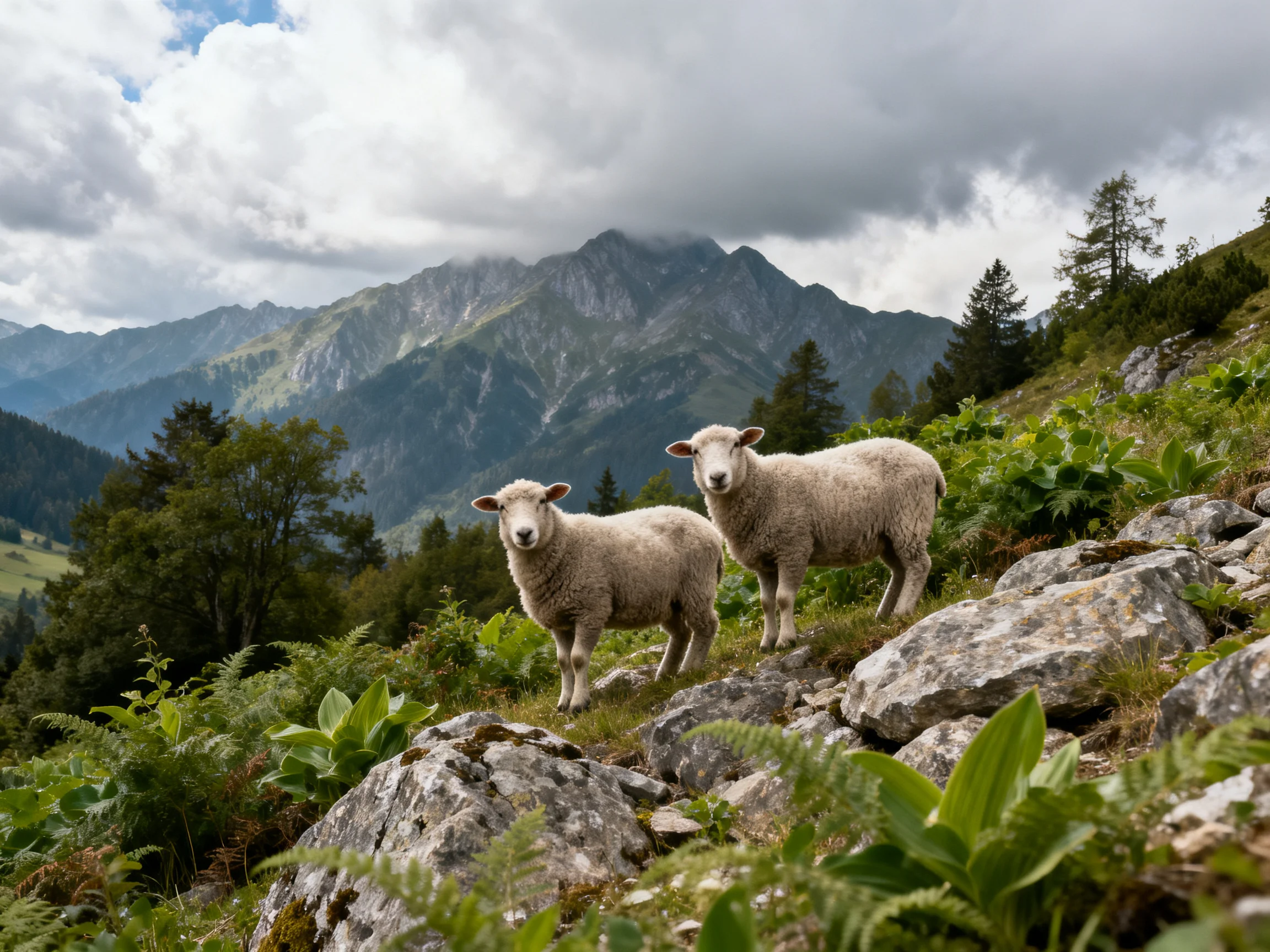 Two sheep on rocky hillside with mountainous backdrop