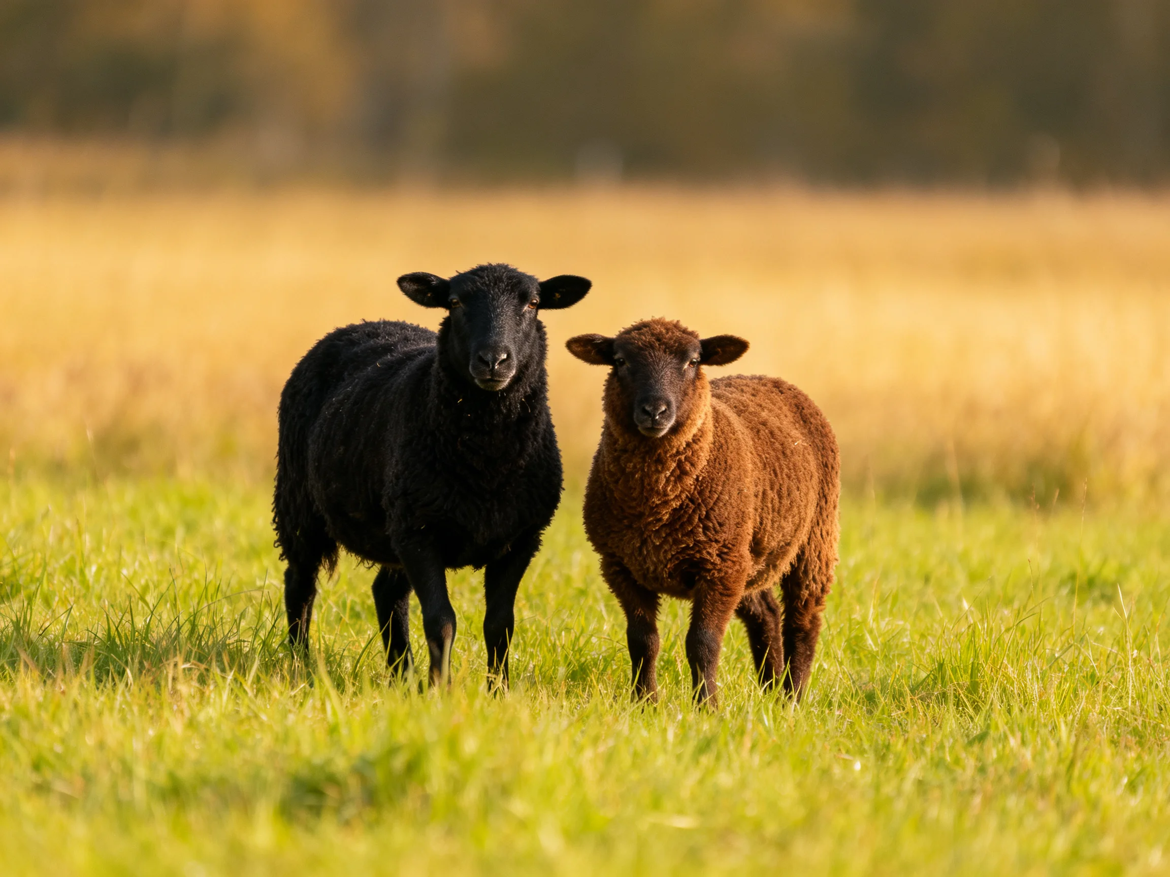 Two sheep, one black and one brown, in a sunlit grassy field