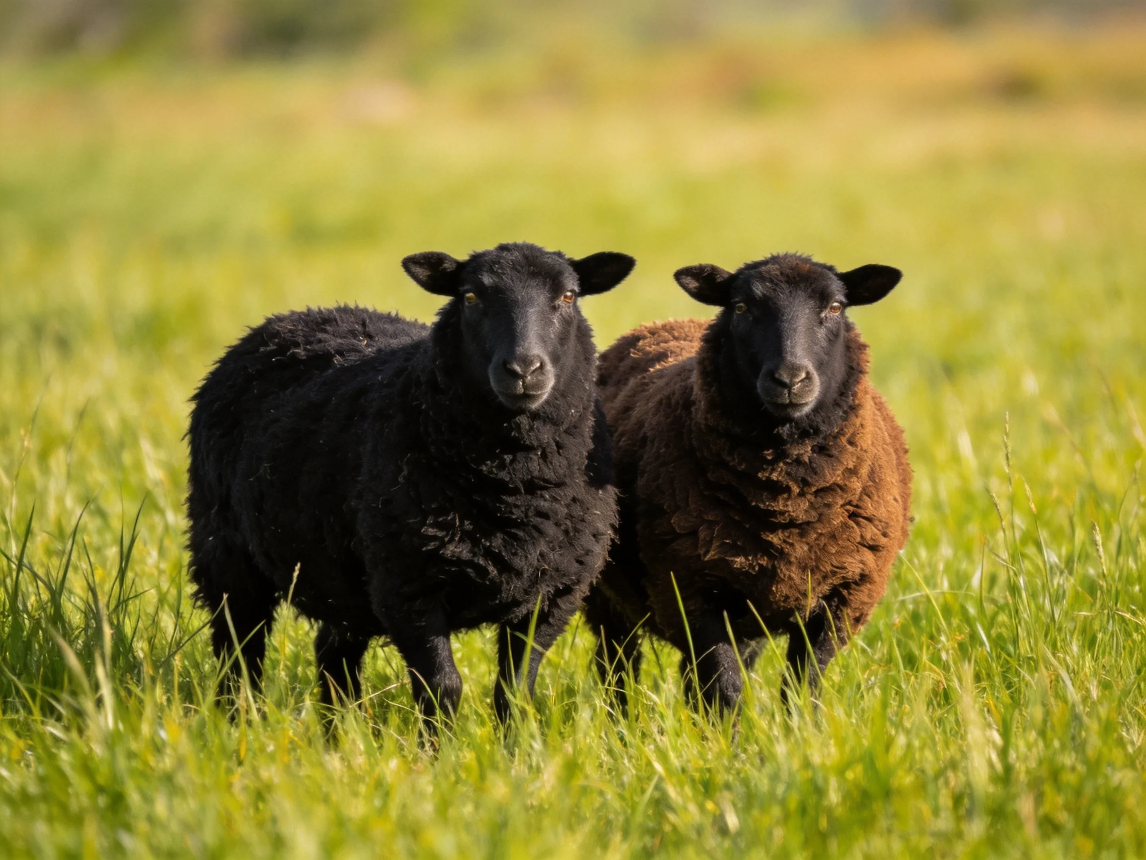 Two sheep, one black and one brown, in a sunlit green meadow