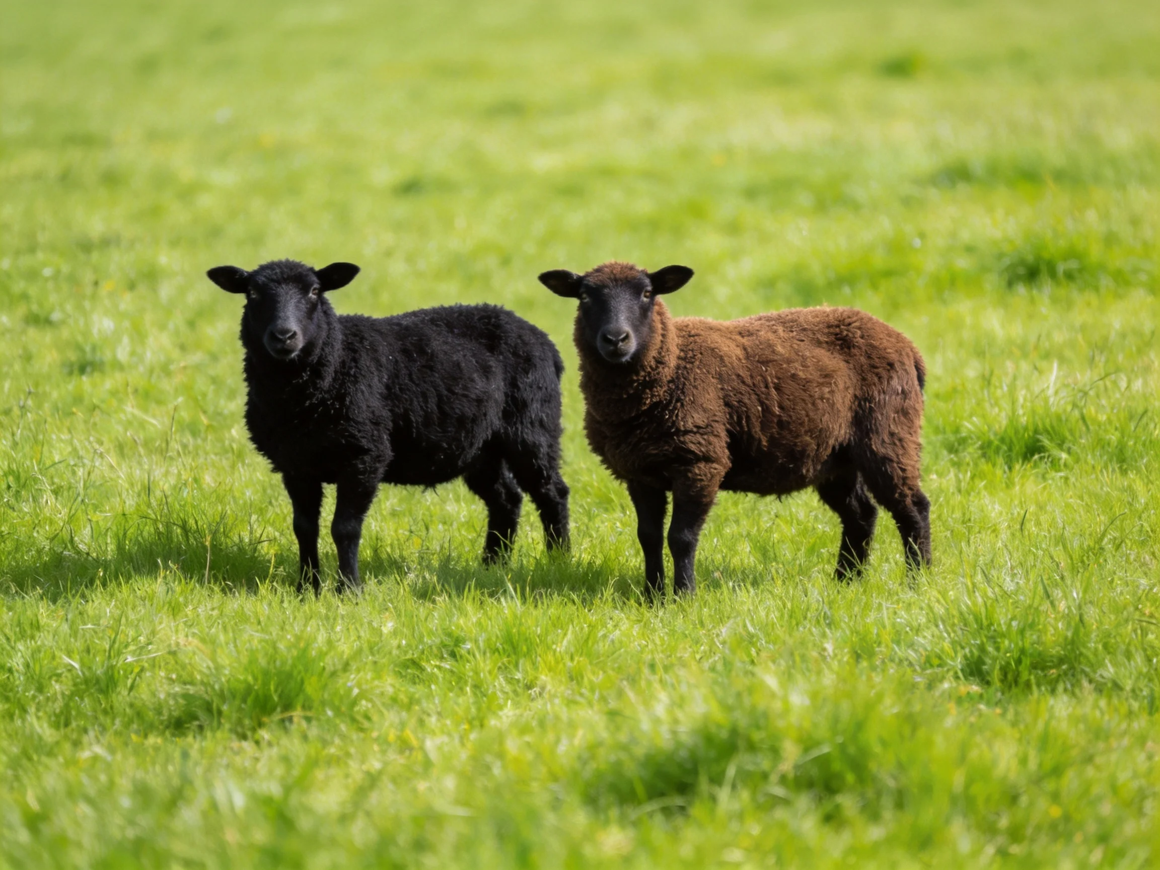Two sheep, one black and one brown, in a sunlit green pasture