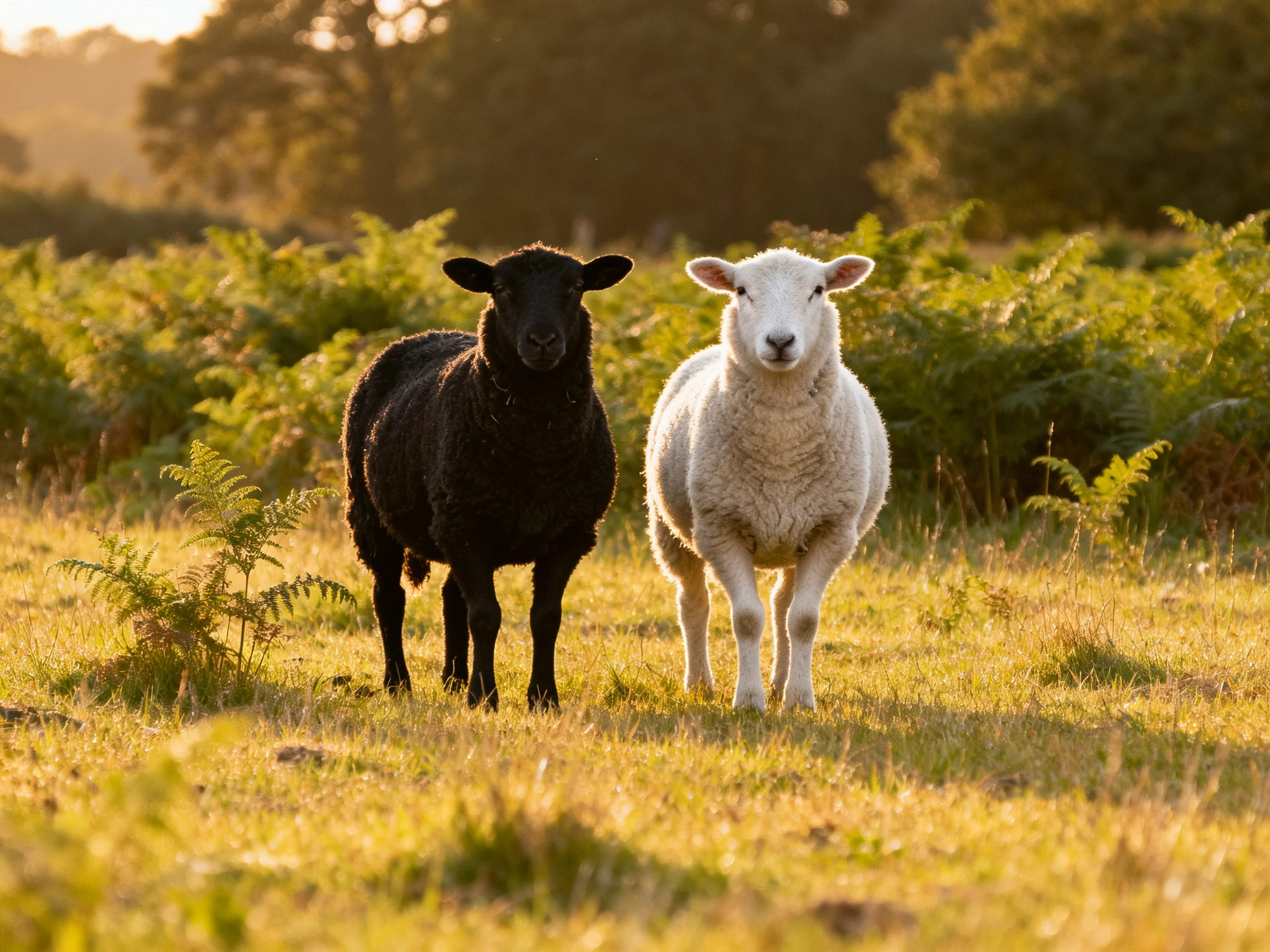 Two sheep, one black and one white, in a sun-drenched meadow