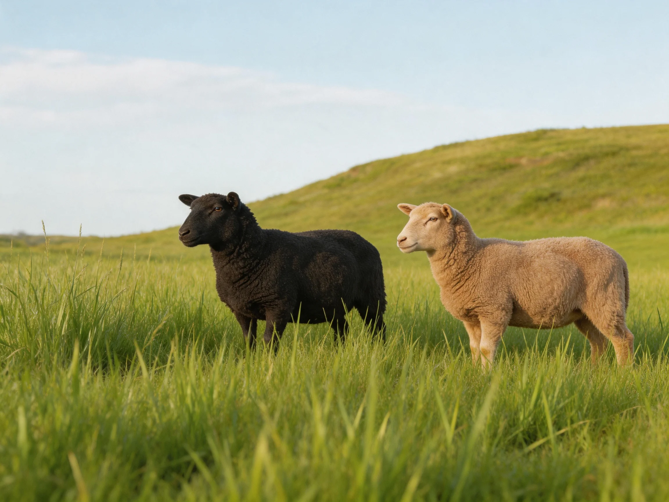 Two sheep, one black, one tan, in a grassy field with a rolling hill