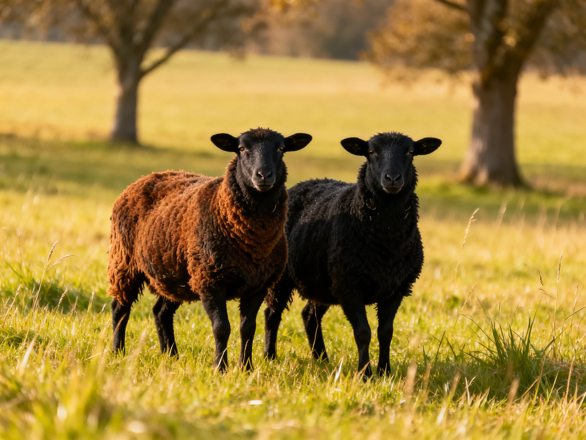 Two sheep, one brown and one black, in a sunlit meadow