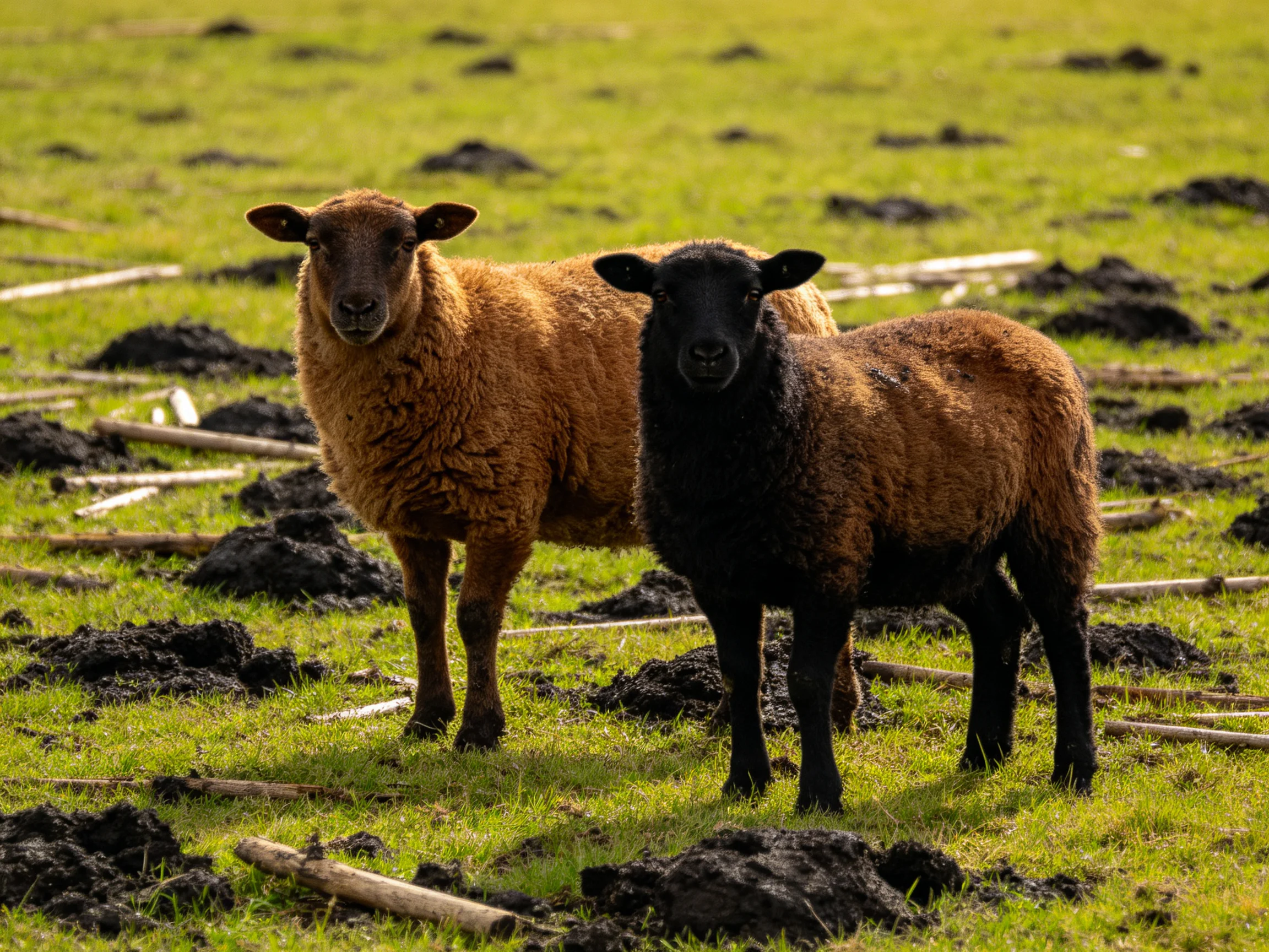 Two sheep, one brown, one black, in a grassy field with dark soil patches.