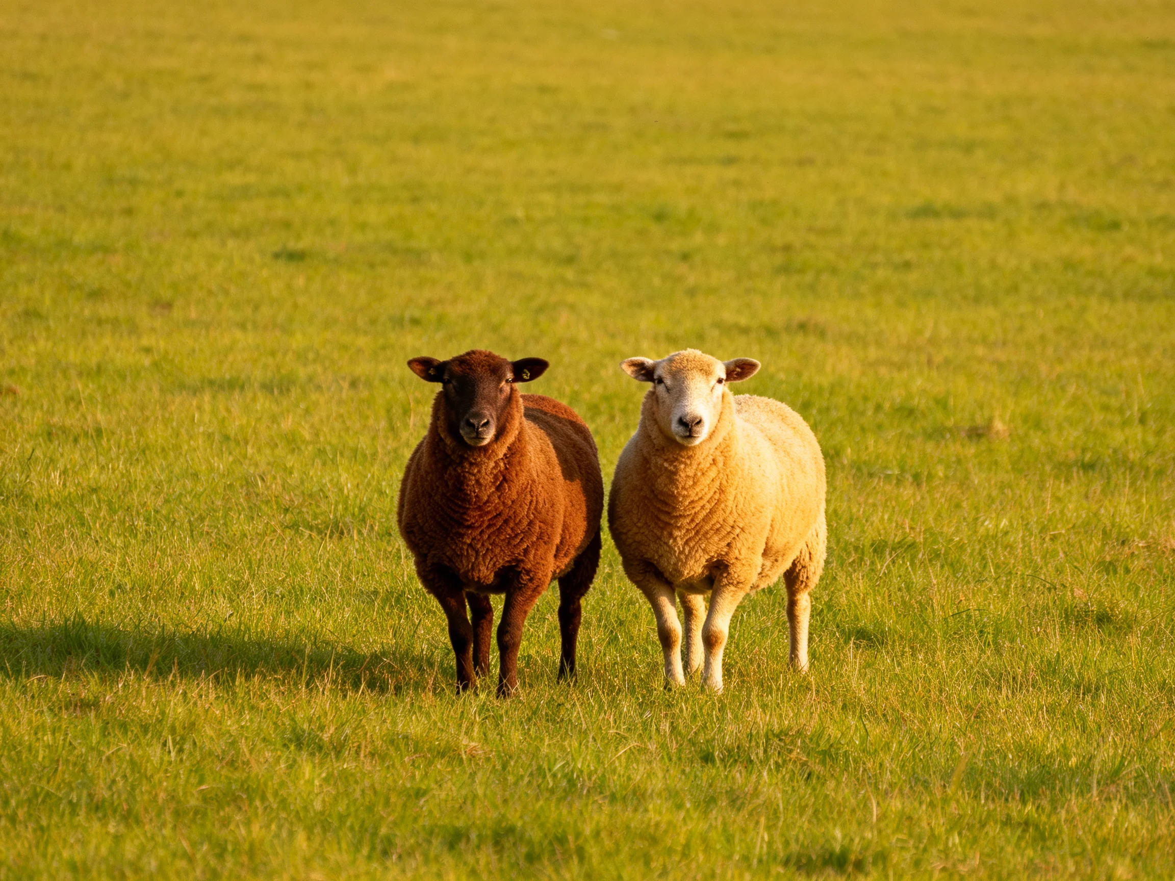 Two sheep, one brown, one cream - colored, in a vast green meadow