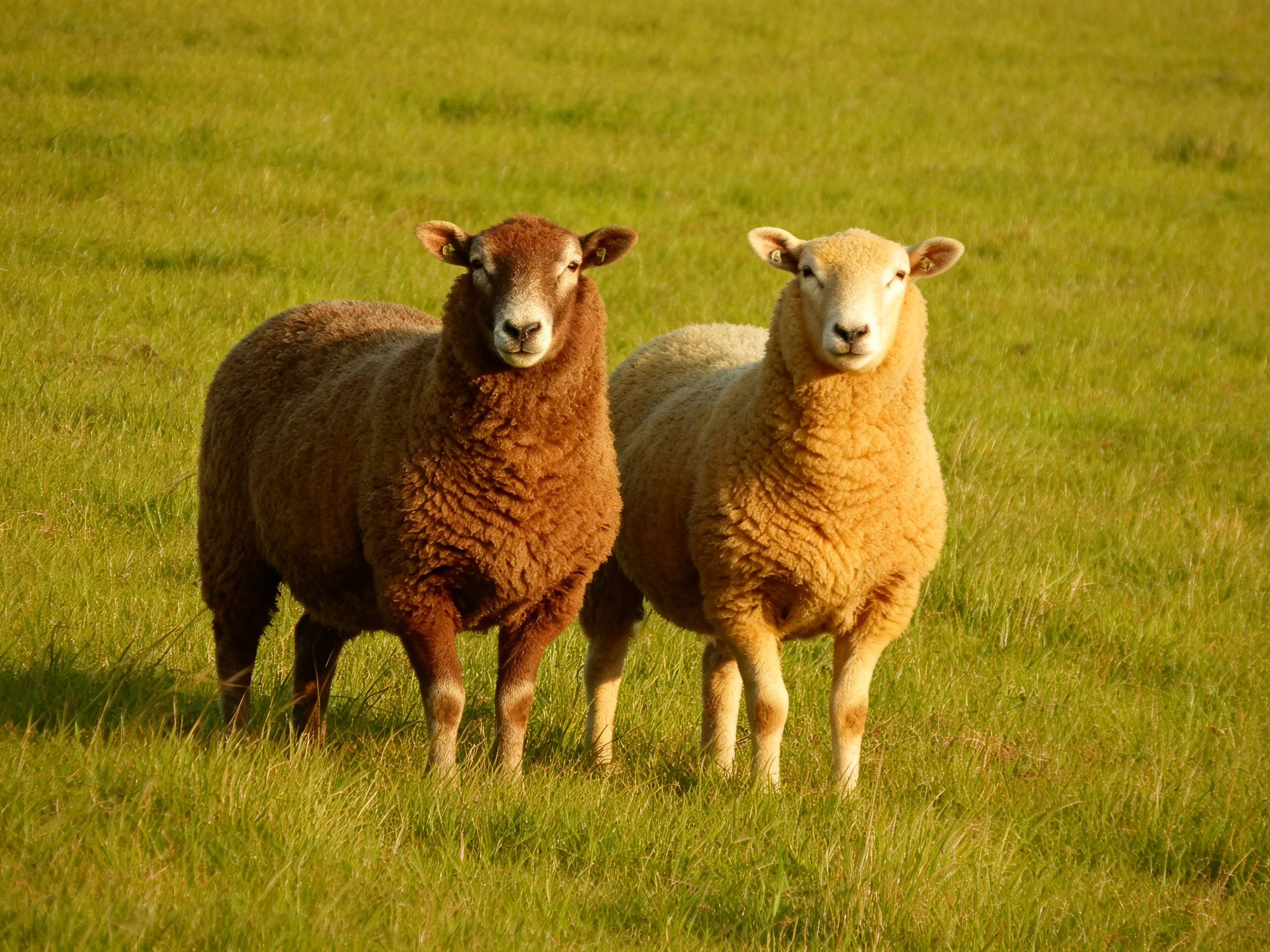 Two sheep, one brown, one tan, in a sunlit green pasture