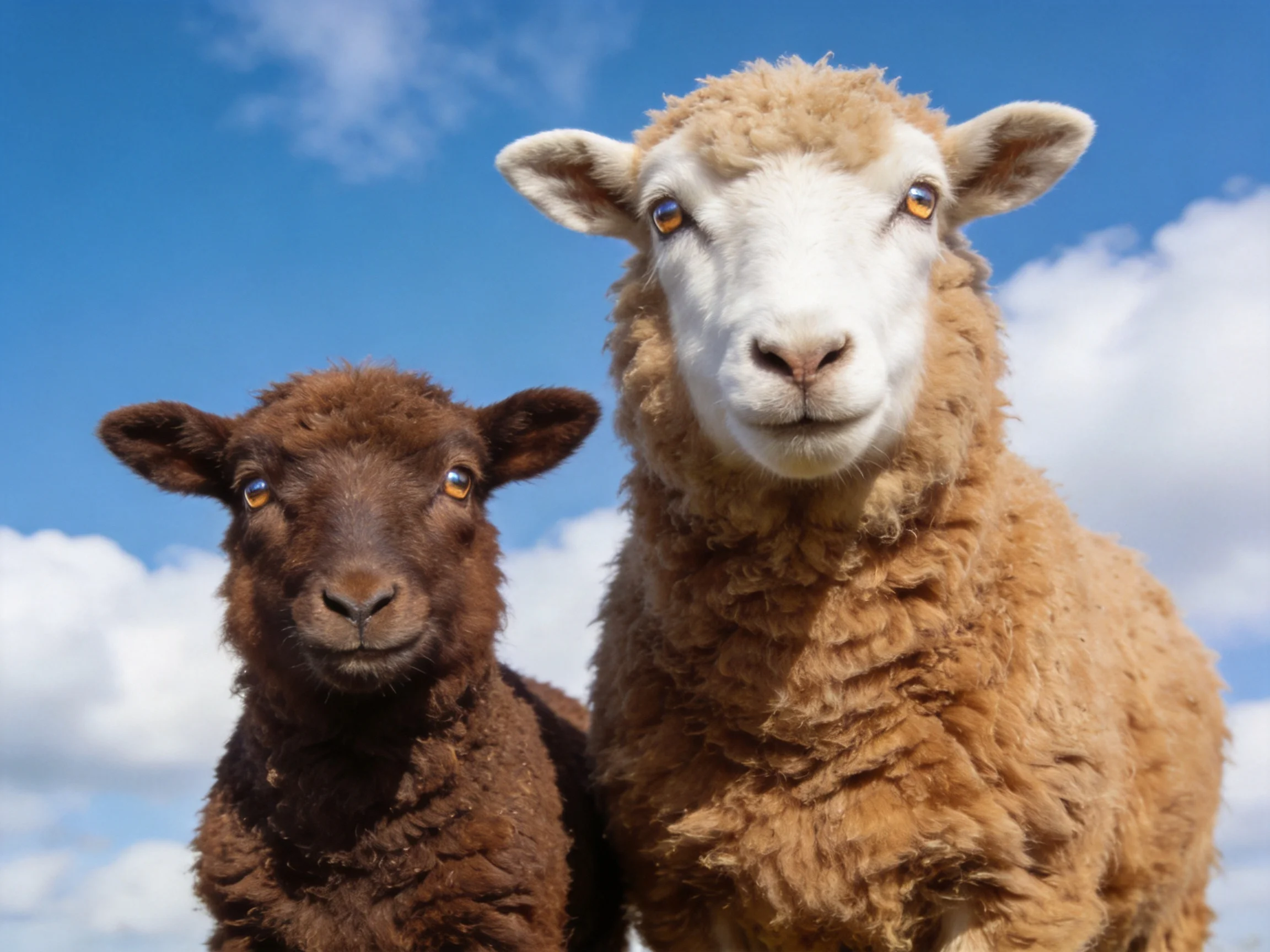 Two sheep, one dark brown lamb and one light tan, under blue sky