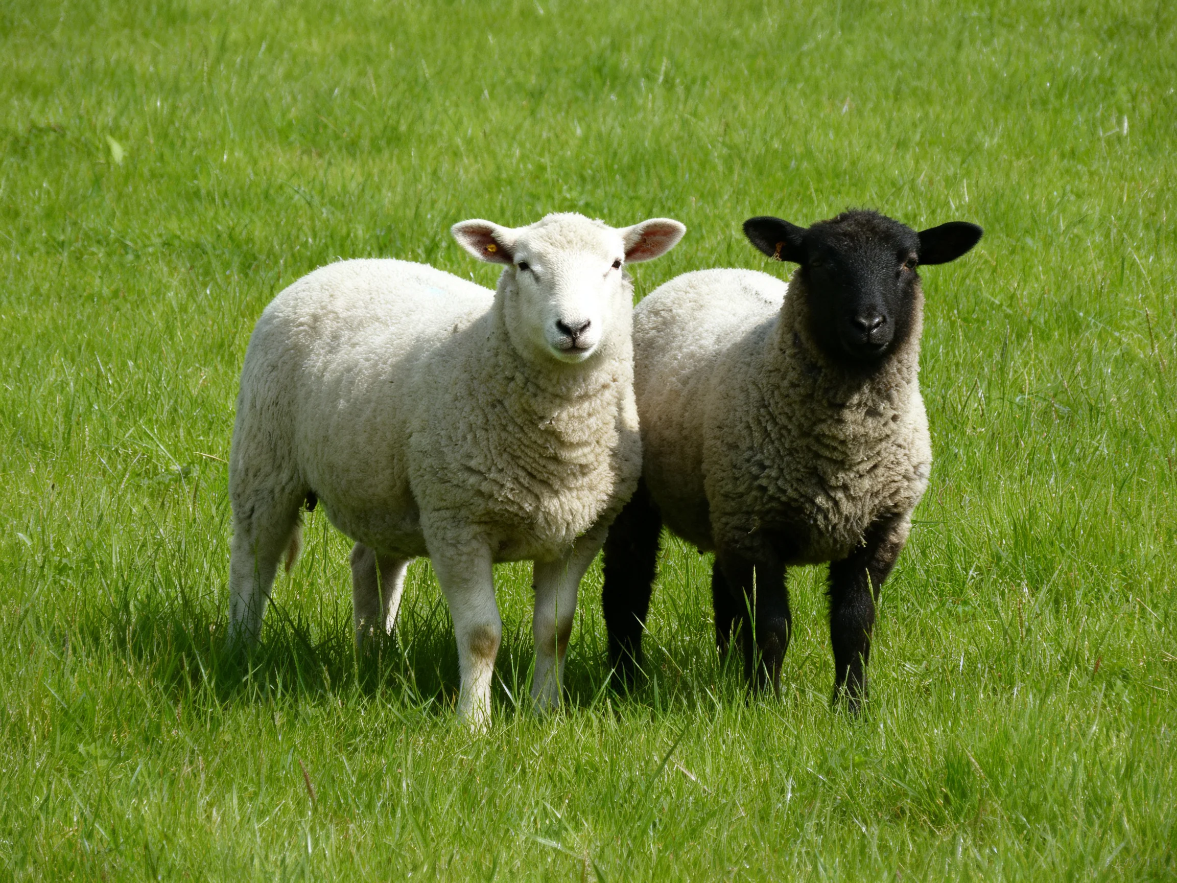 Two sheep, one white and one black, in a sunlit grassy field