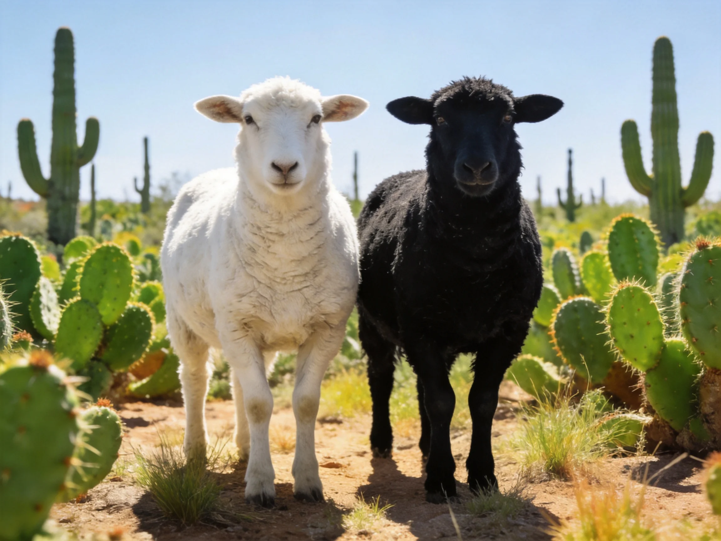 Two sheep, one white and one black, stand among cacti in a sunny desert.