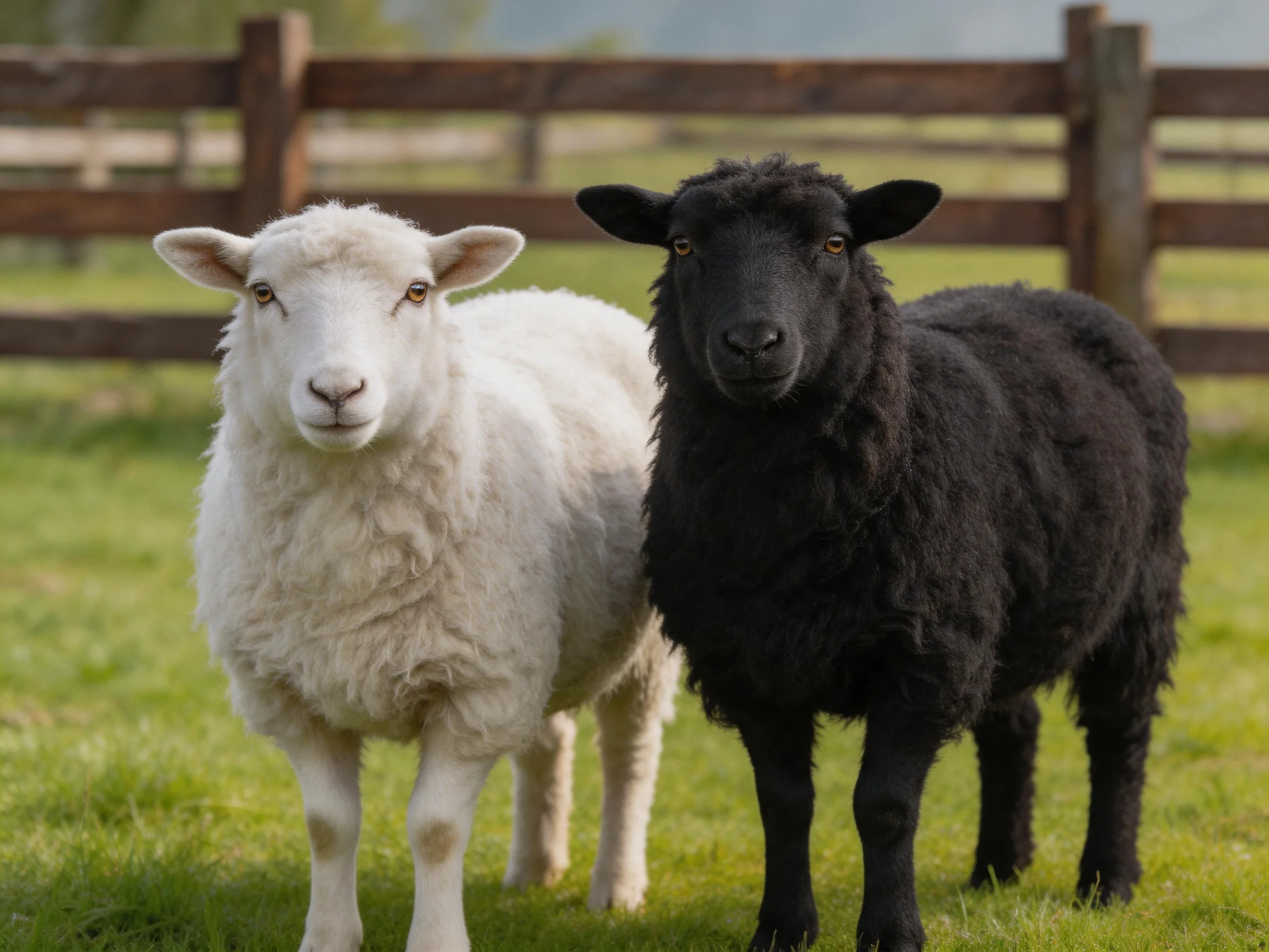 Two sheep, one white and one black, stand in a grassy field with wooden fencing.