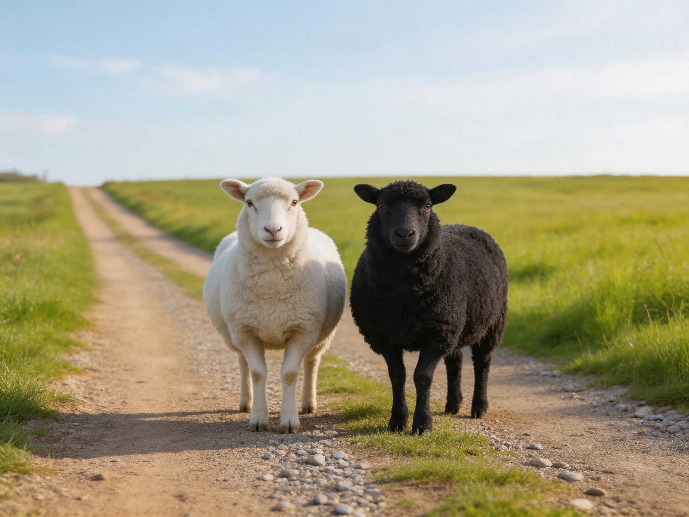 Two sheep, one white and one black, stand on a gravelly dirt path