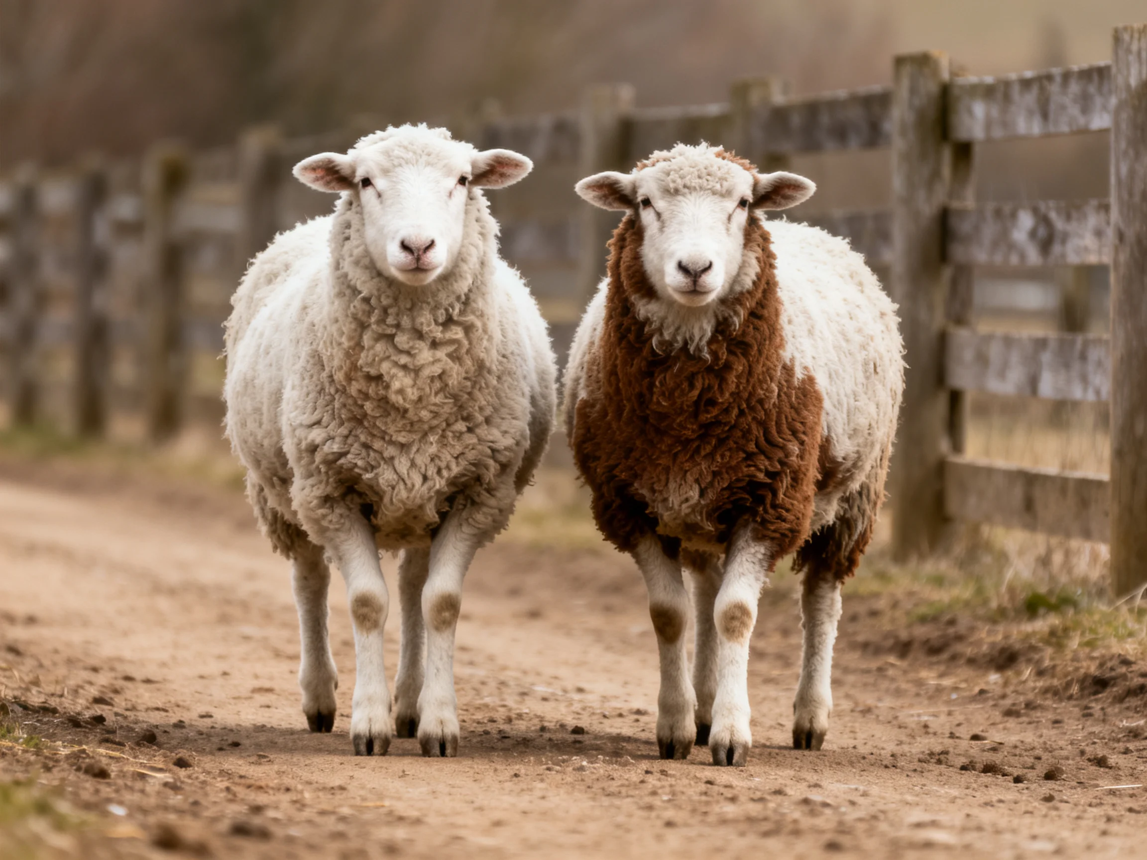 Two sheep, one white and one brown, walk along a dirt path near a wooden fence