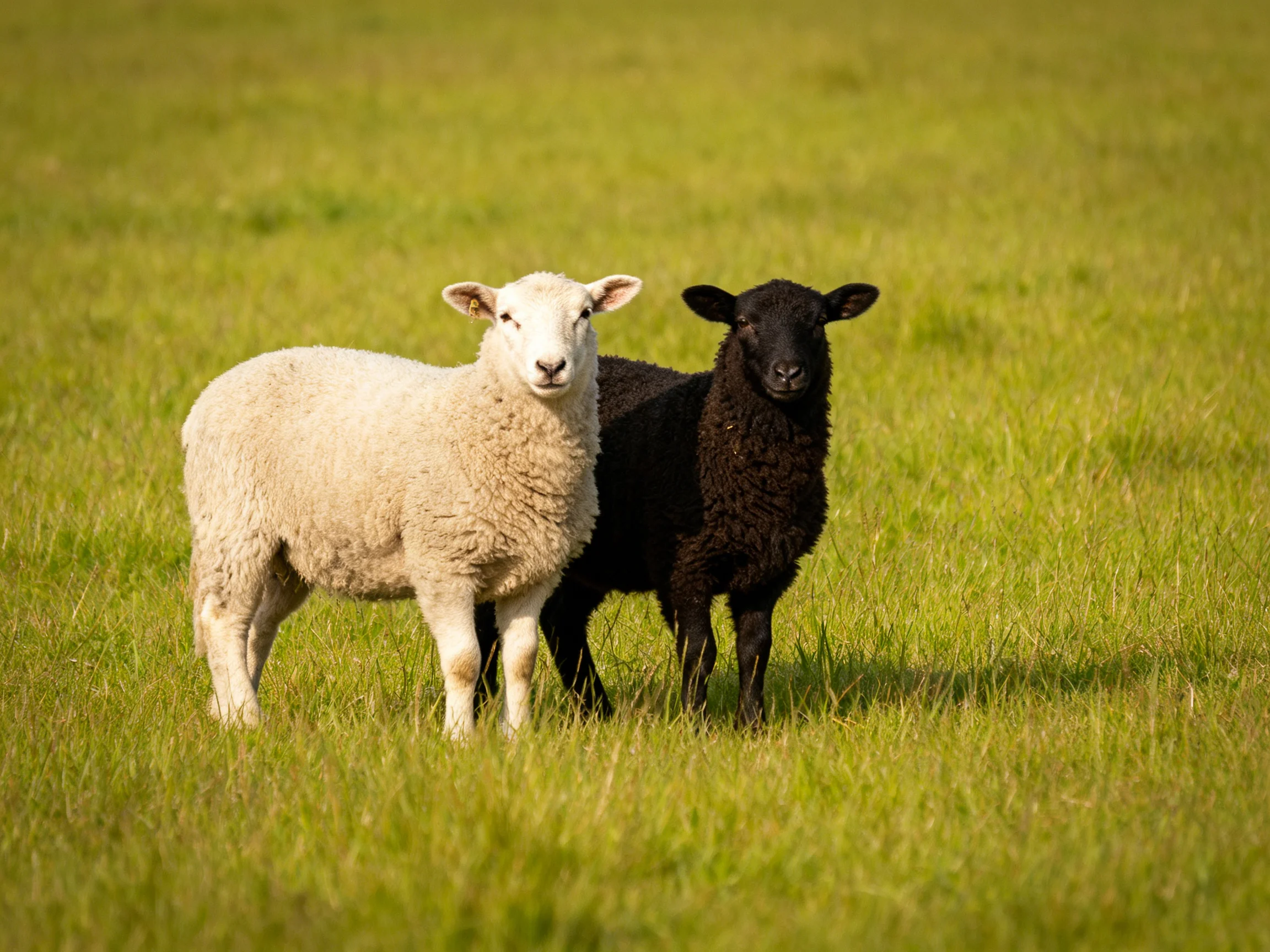 Two sheep, one white, one black, in a green meadow
