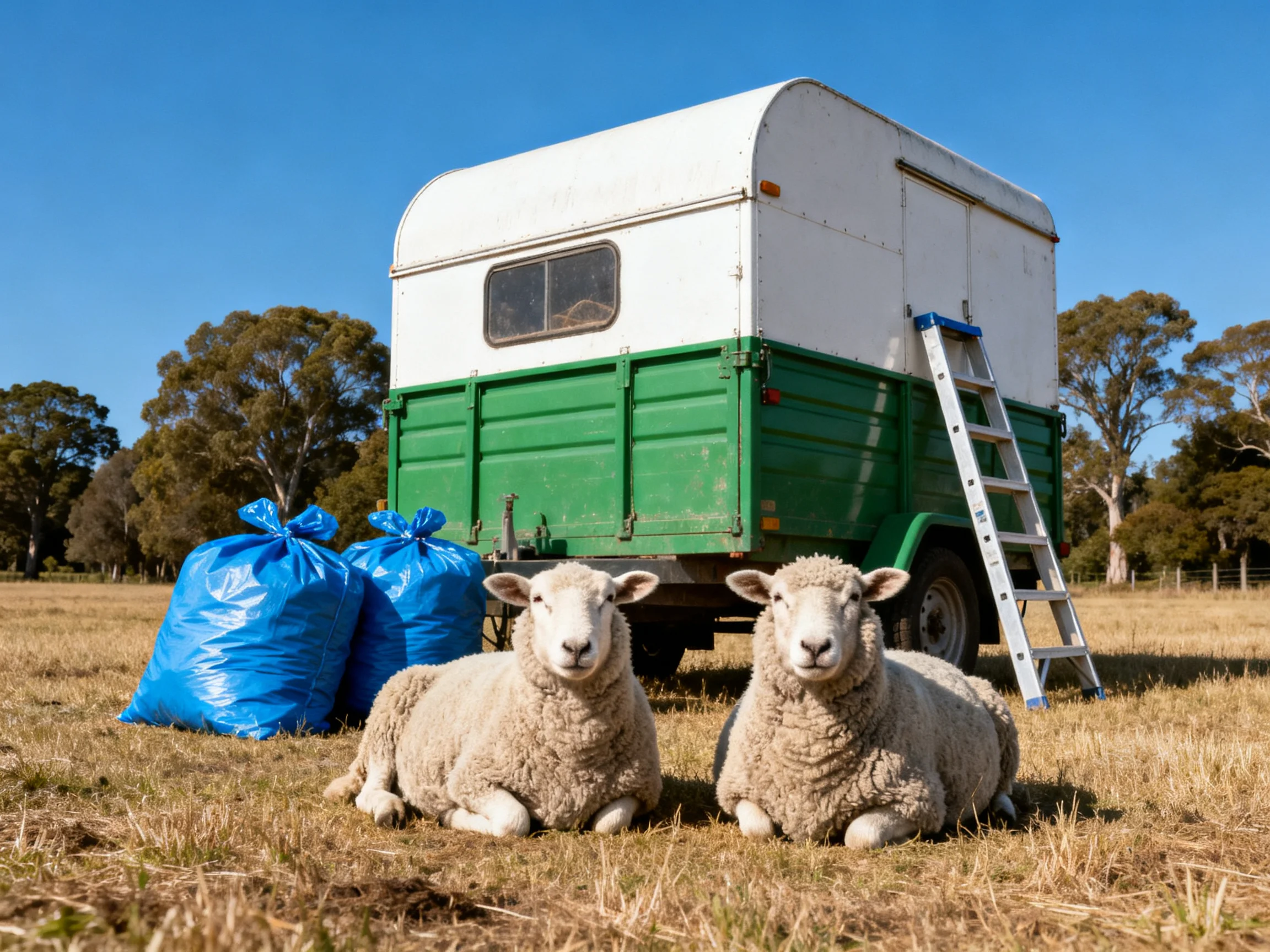 Two sheep rest beside a green and white trailer with blue bags