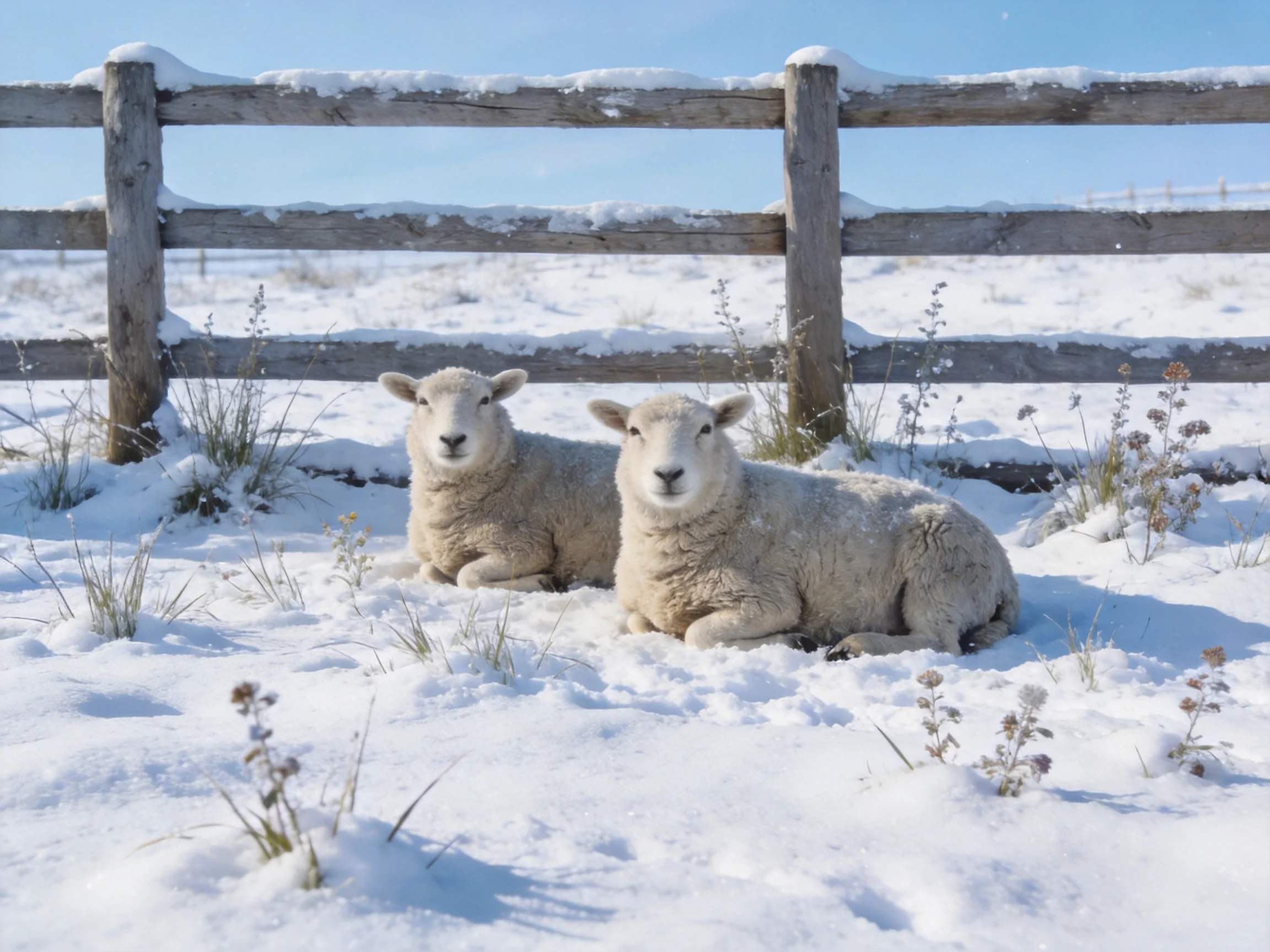 Two sheep rest near a snow-covered wooden fence