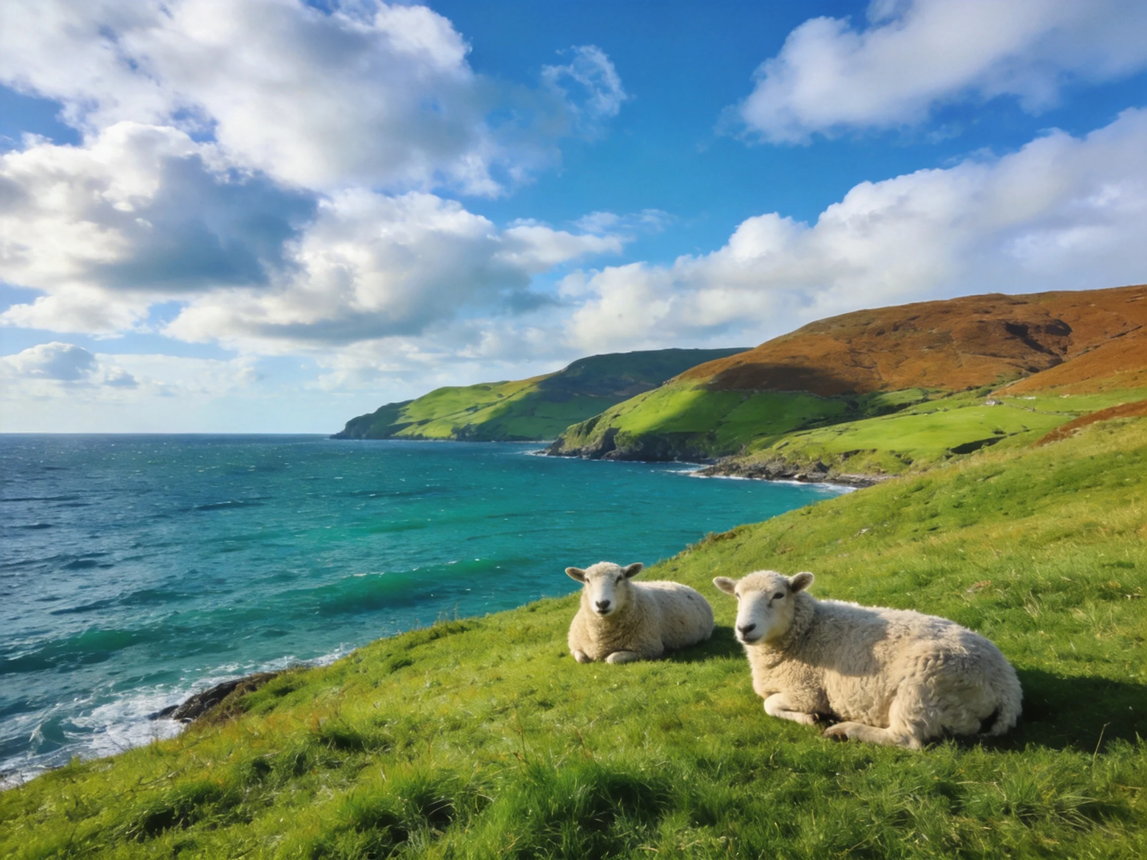 Two sheep rest on a lush coastal hillside with turquoise waters