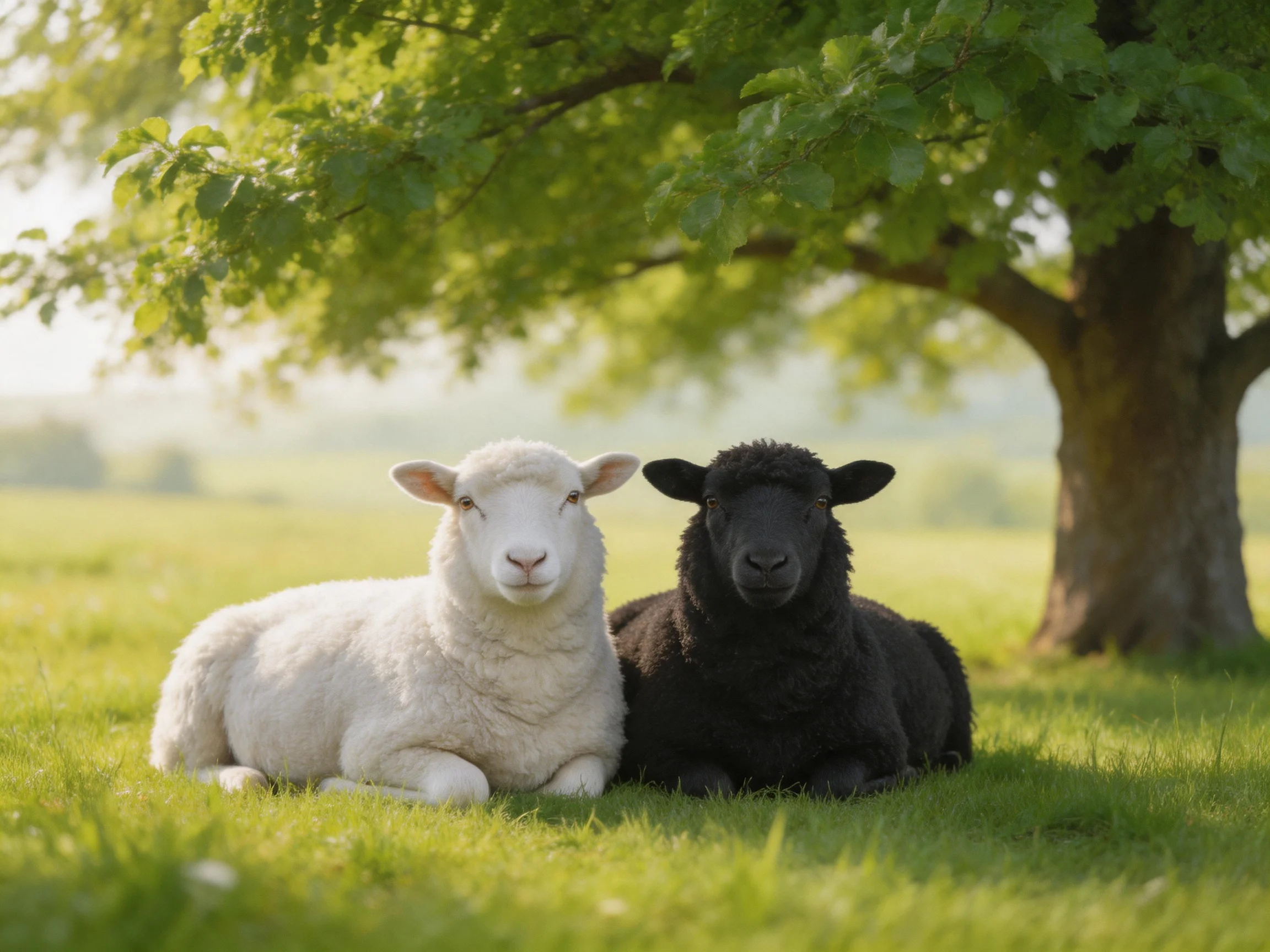 Two sheep rest together beneath a large leafy tree