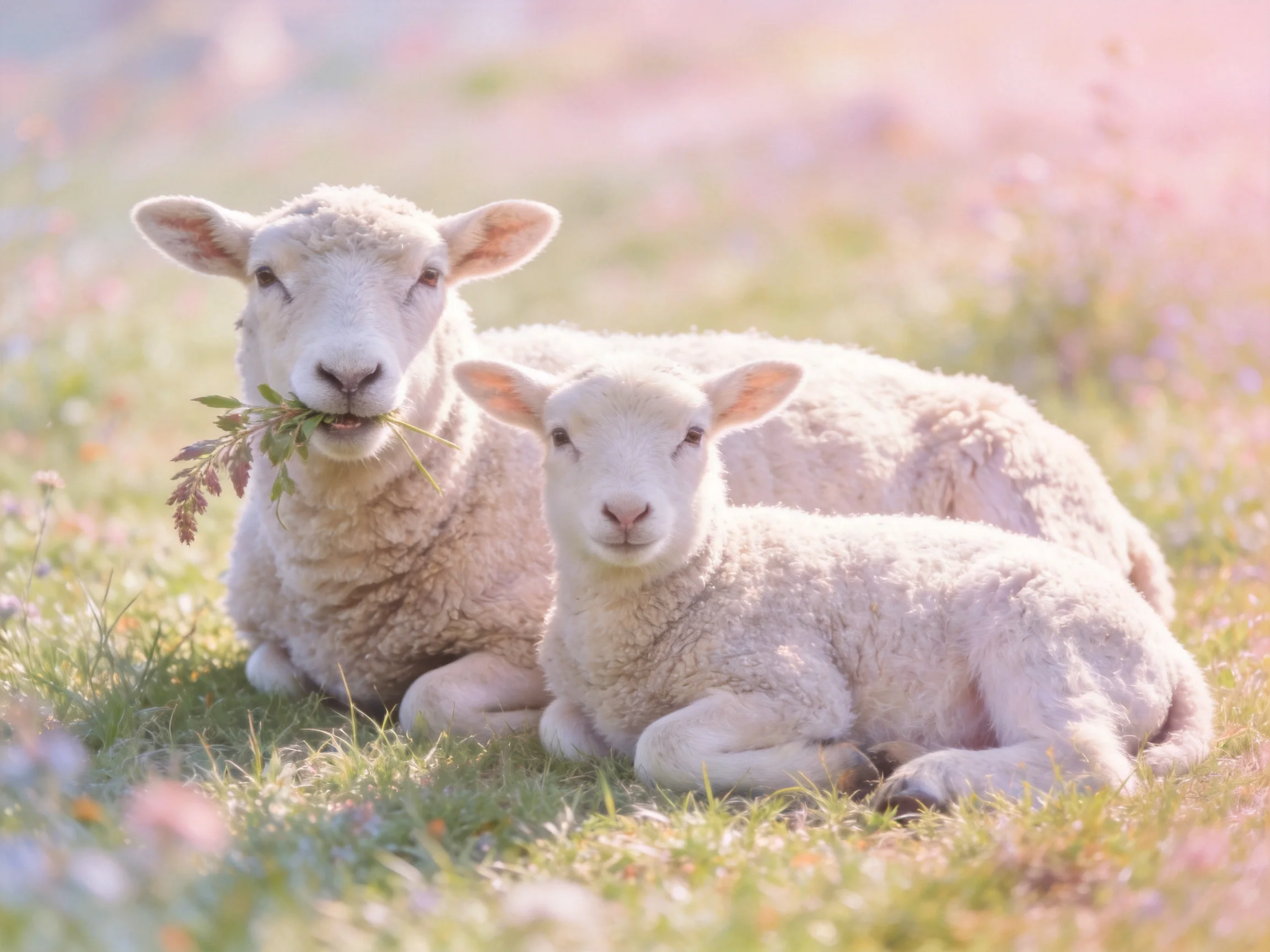 Two sheep resting in a sunlit flower meadow
