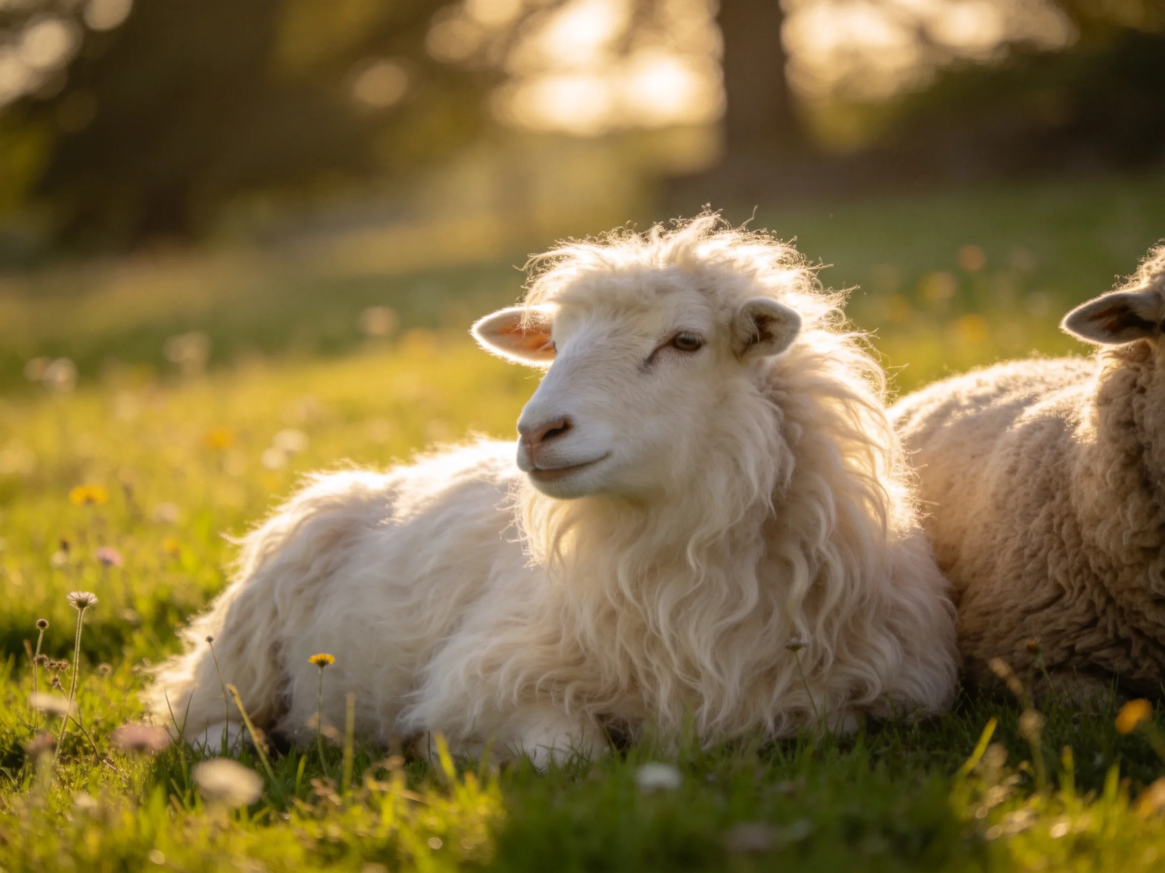Two sheep resting in a sunlit green meadow with soft wool