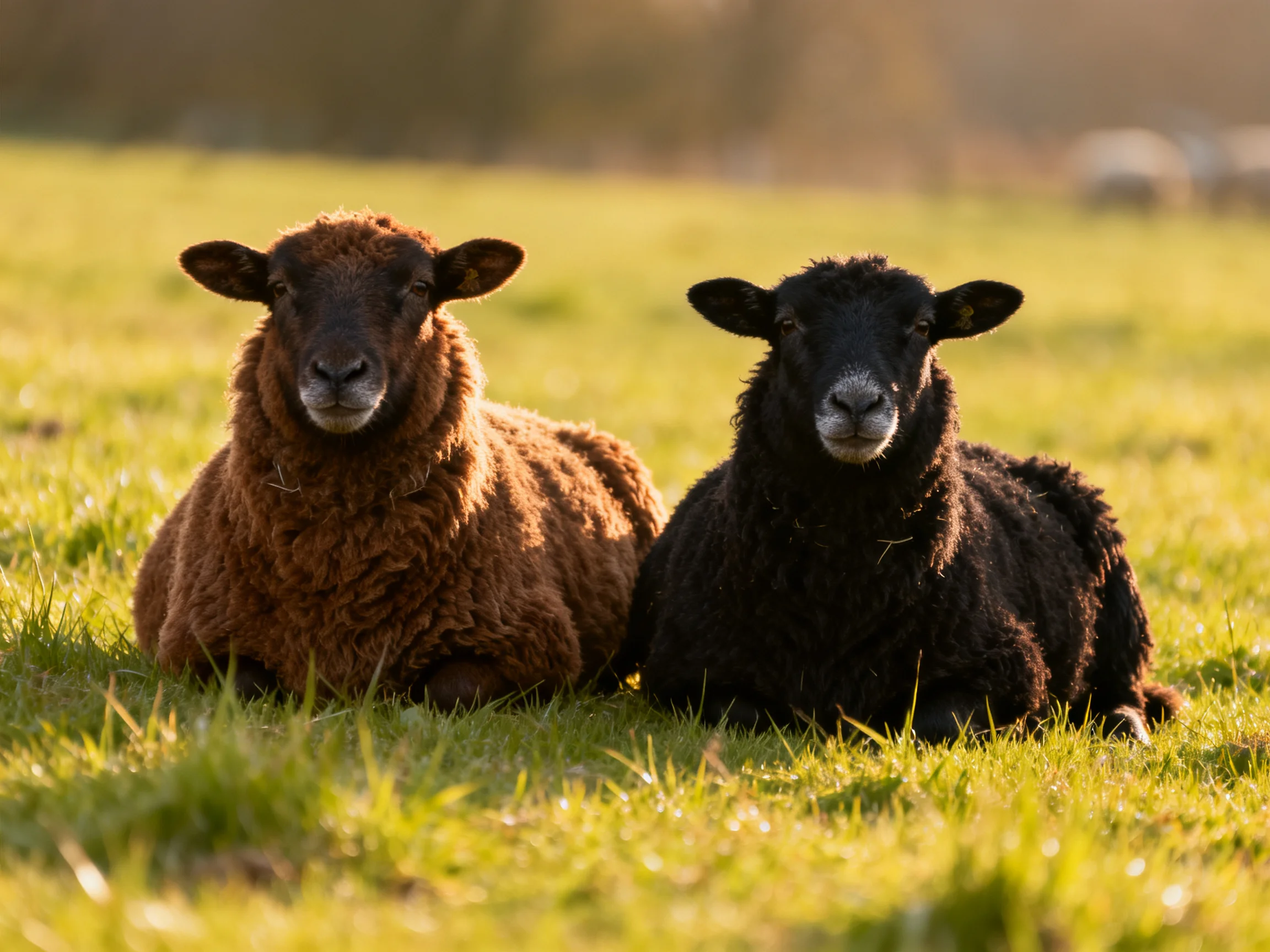Two sheep resting in a sunlit green pasture