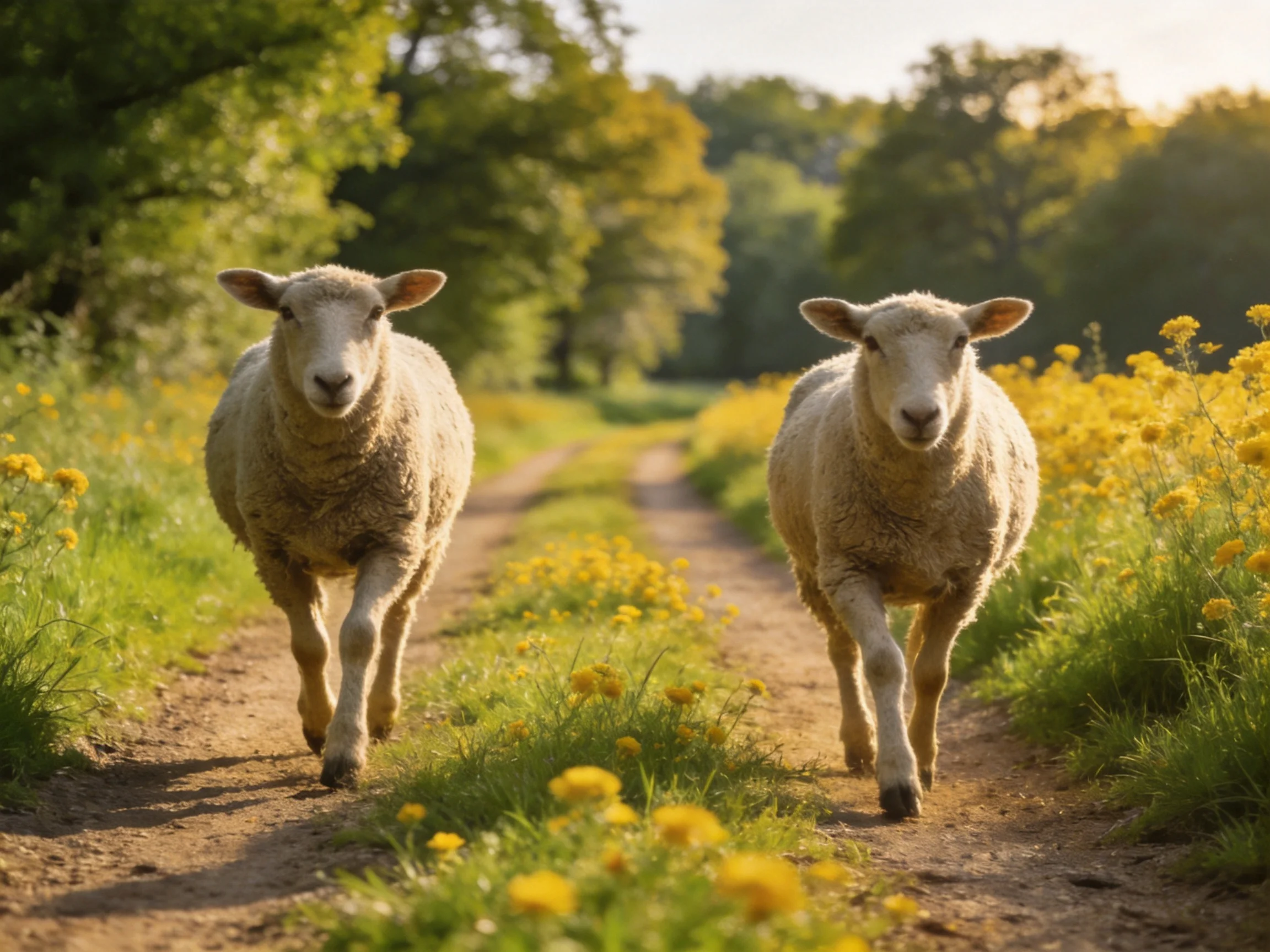 Two sheep run along a flower-lined dirt path near green trees