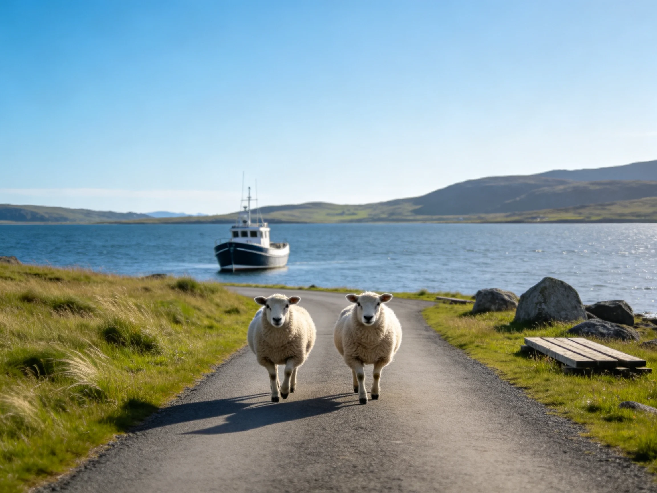 Two sheep run down a coastal road near a boat