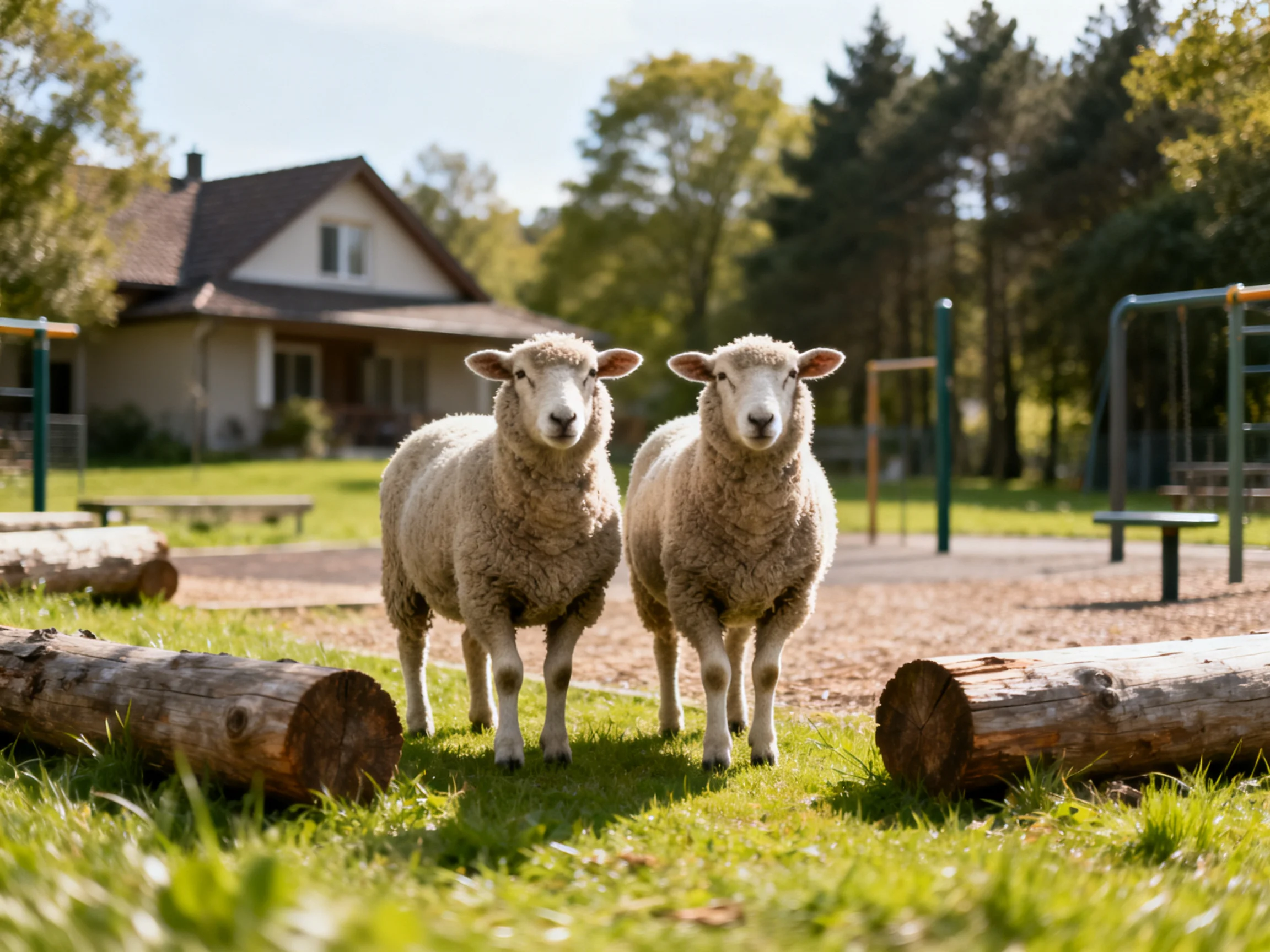 Two sheep stand among logs in a sunny park with a house and playground.