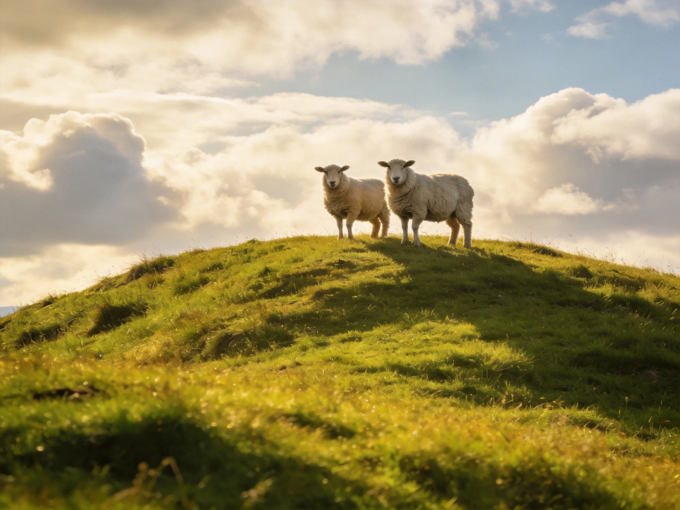 Two sheep stand on agrassy hill beneath a partly cloudy sky.