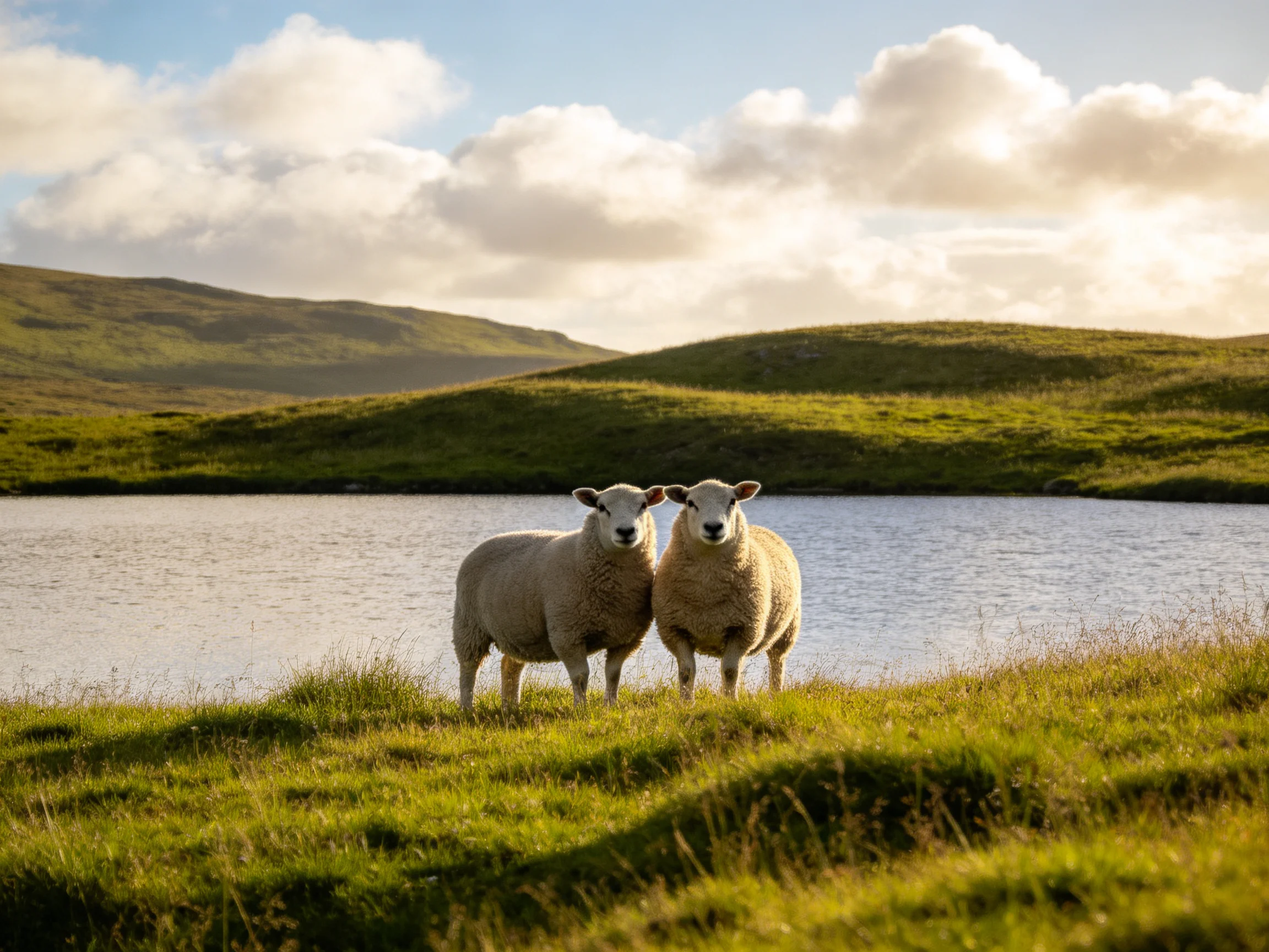 Two sheep stand by a calm lake near rolling green hills