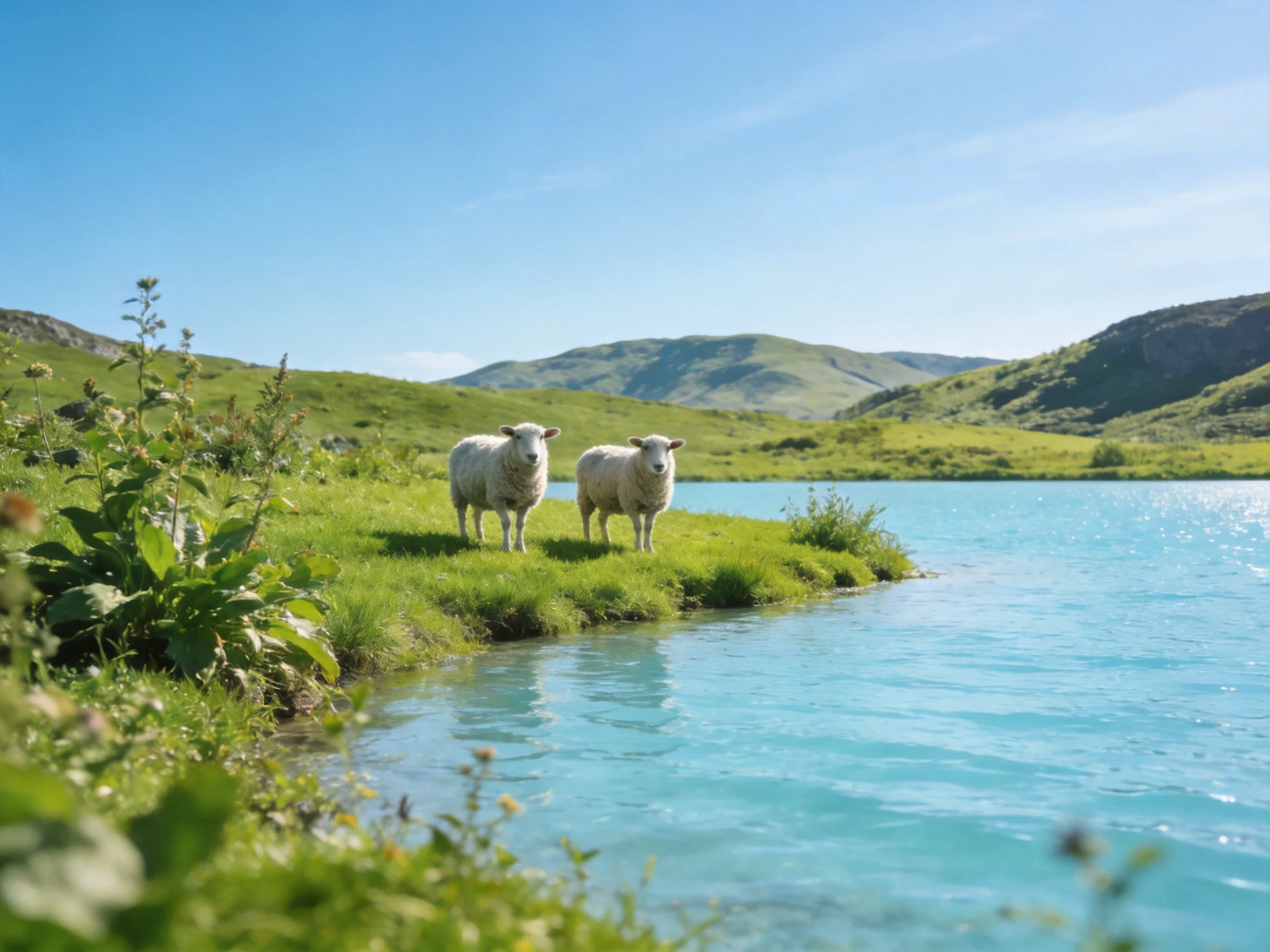 Two sheep stand by a turquoise lake with rolling green hills