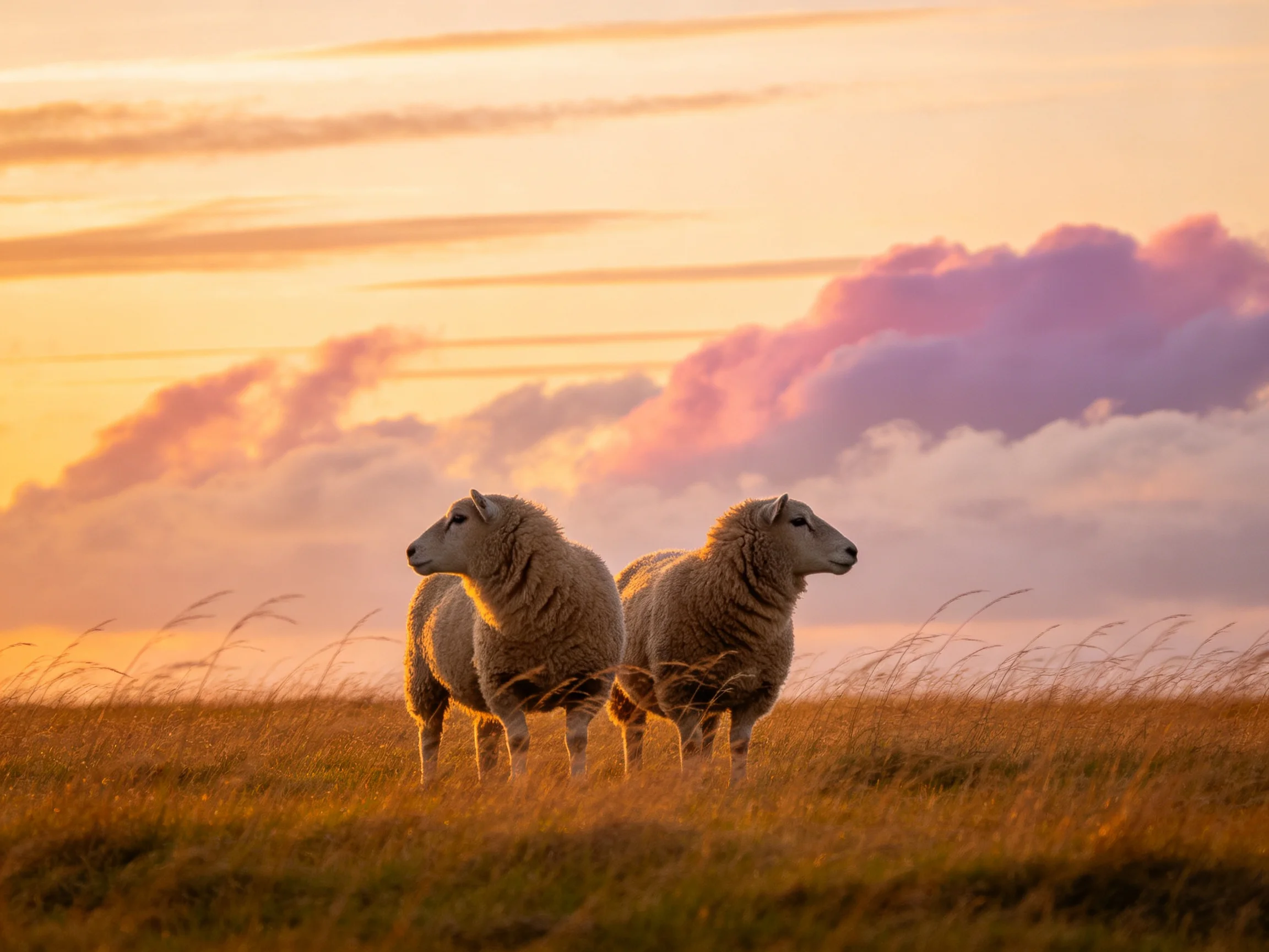 Two sheep stand in a golden field beneath a colorful sunset sky