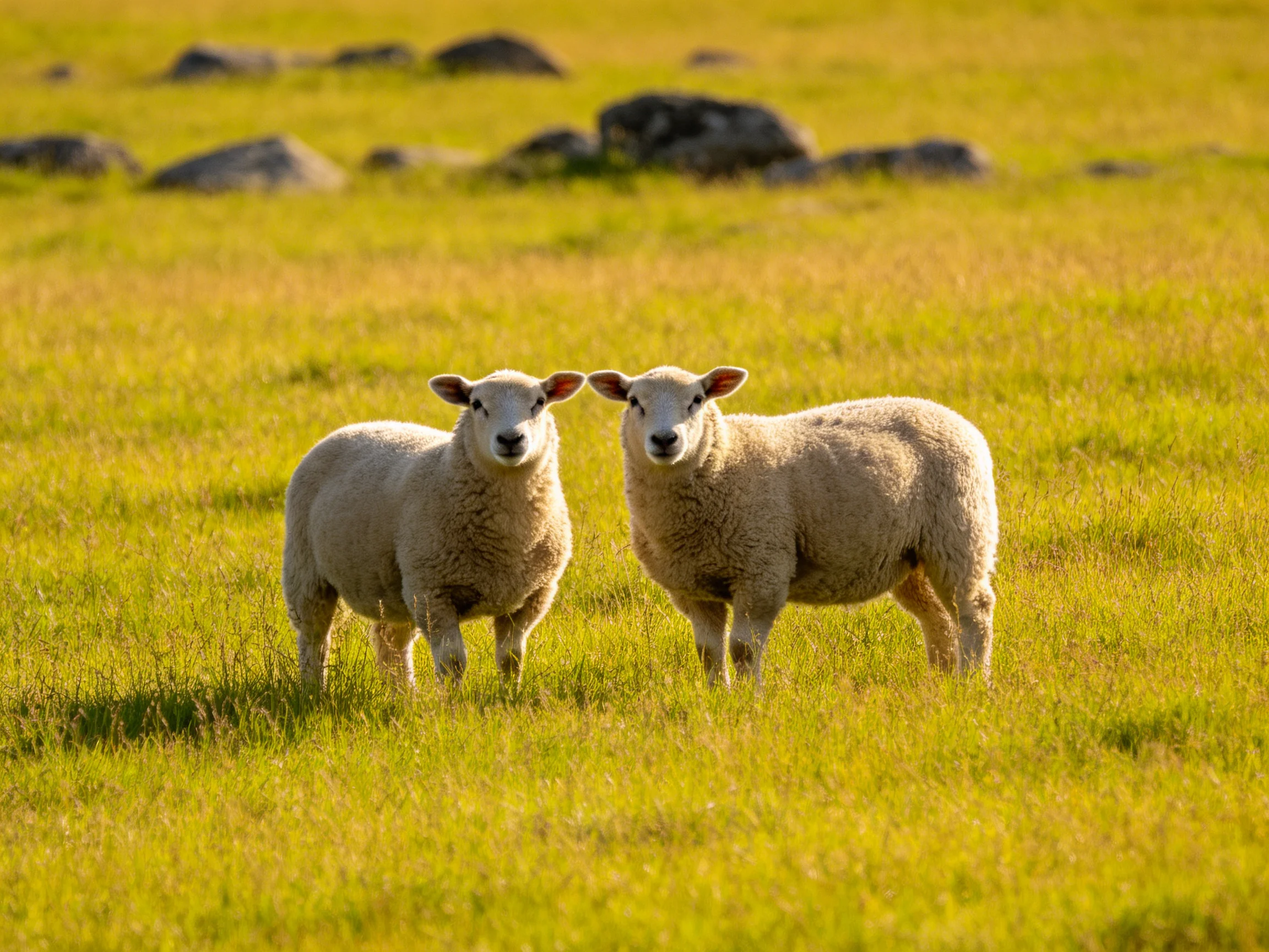 Two sheep stand in a golden-green meadow near scattered rocks