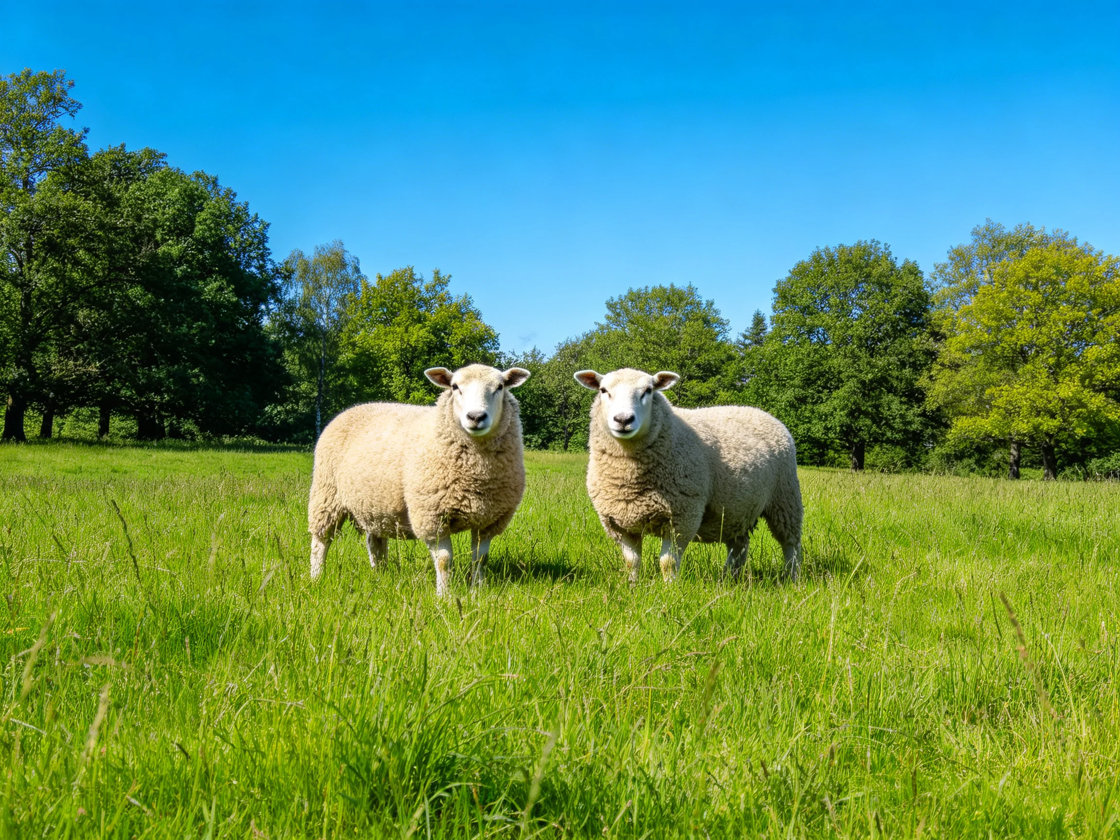 Two sheep stand in a lush green meadow under clear blue sky