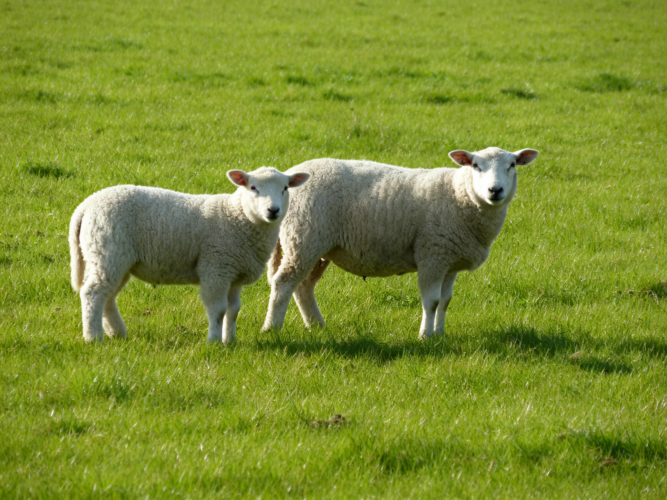 Two sheep stand in a lush green pasture