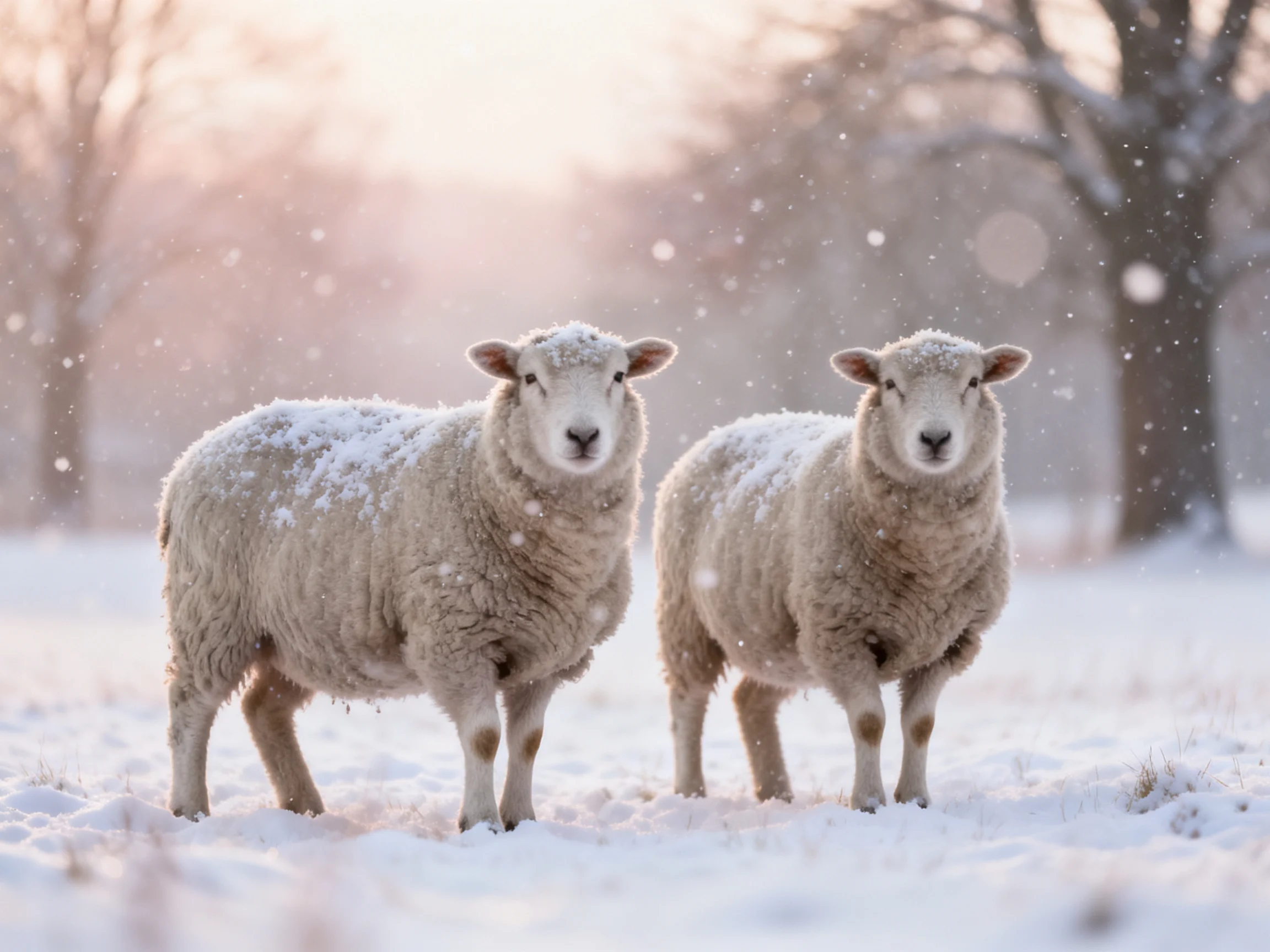 Two sheep stand in a snow-dusted winter field with falling snow