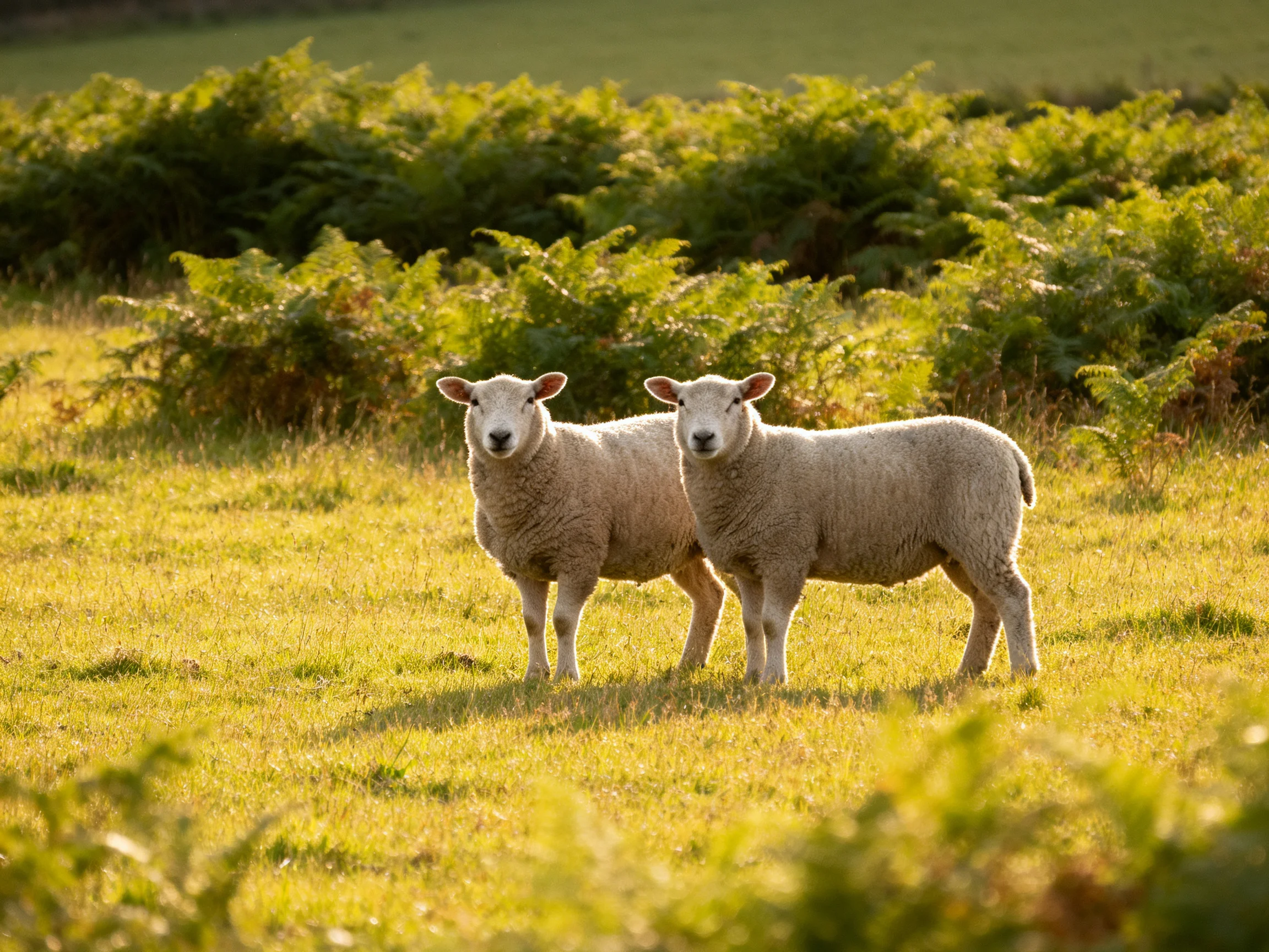 Two sheep stand in a sun-drenched green pasture