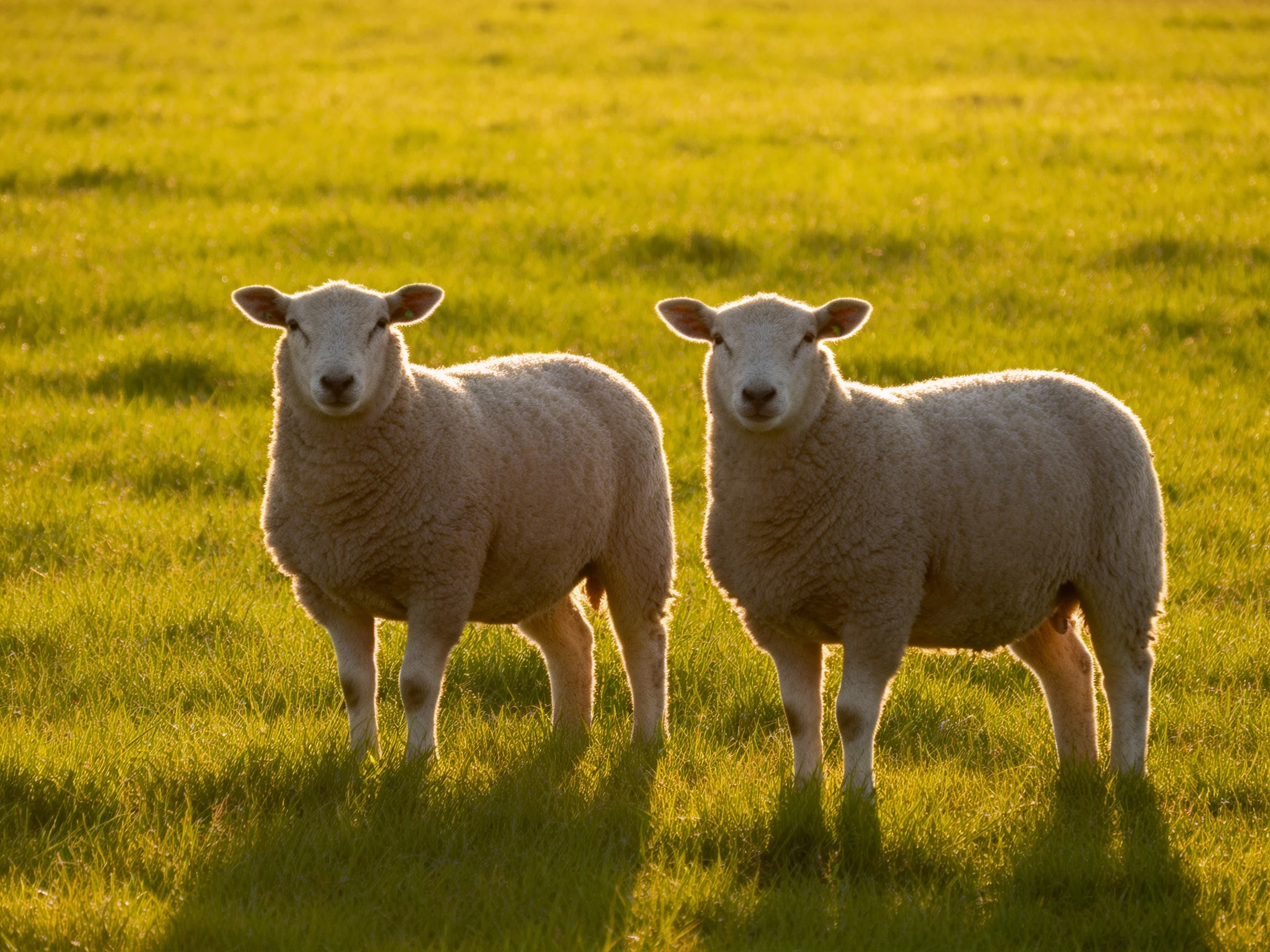 Two sheep stand in a sunlit golden-green pasture