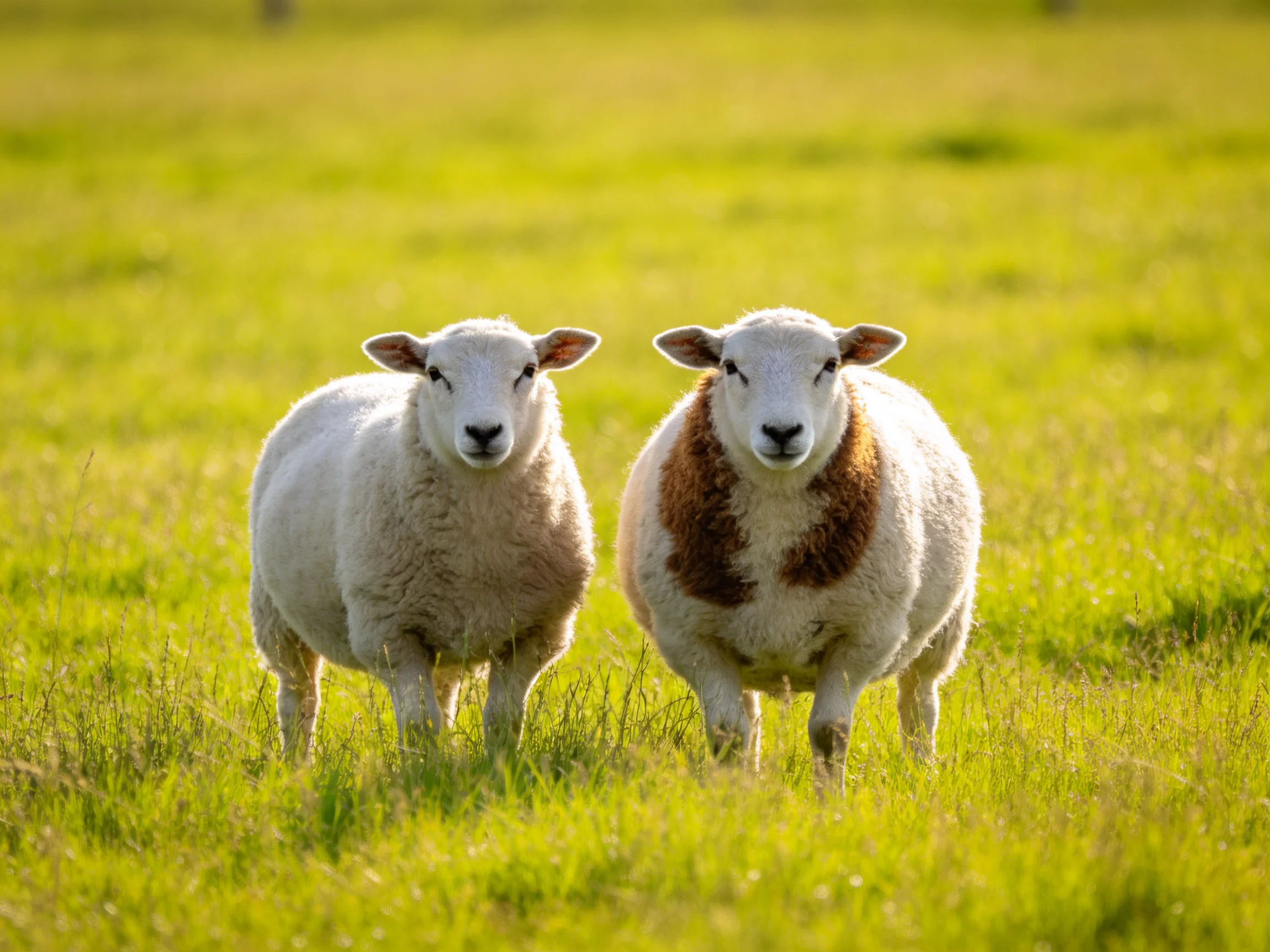 Two sheep stand in a sunlit green meadow, one with brown patches