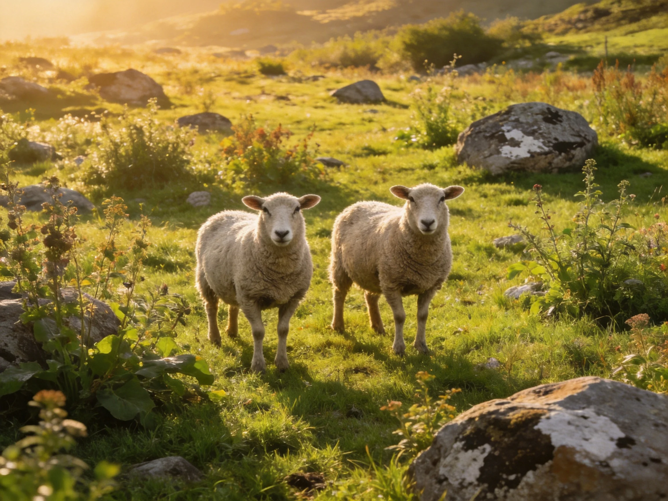 Two sheep stand in a sunlit green meadow with scattered rocks