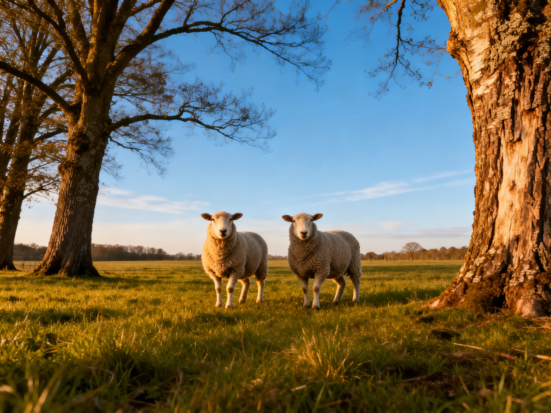 Two sheep stand in a sunlit meadow with large trees