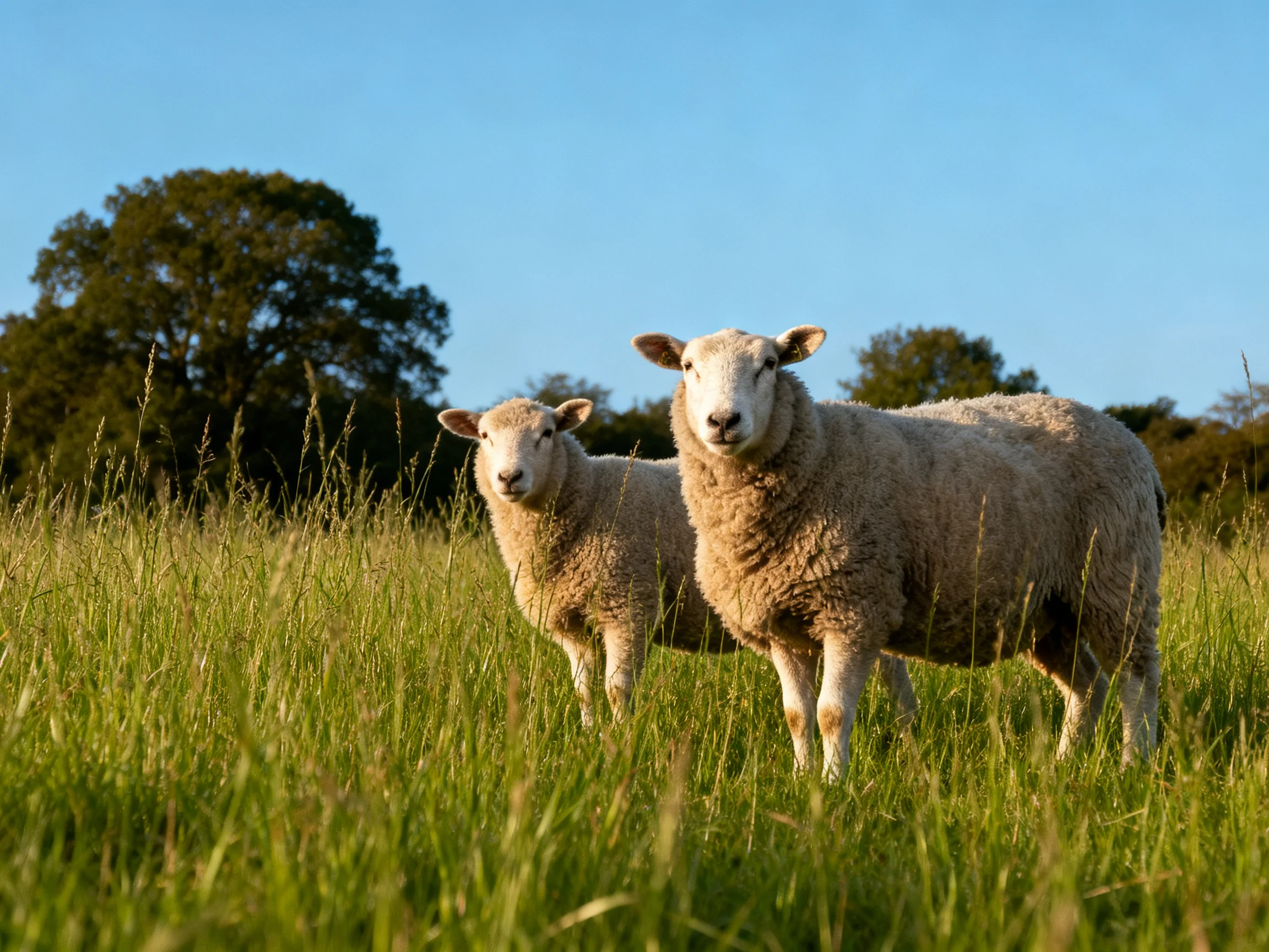 Two sheep stand in tall green grass near dark trees under clear blue sky