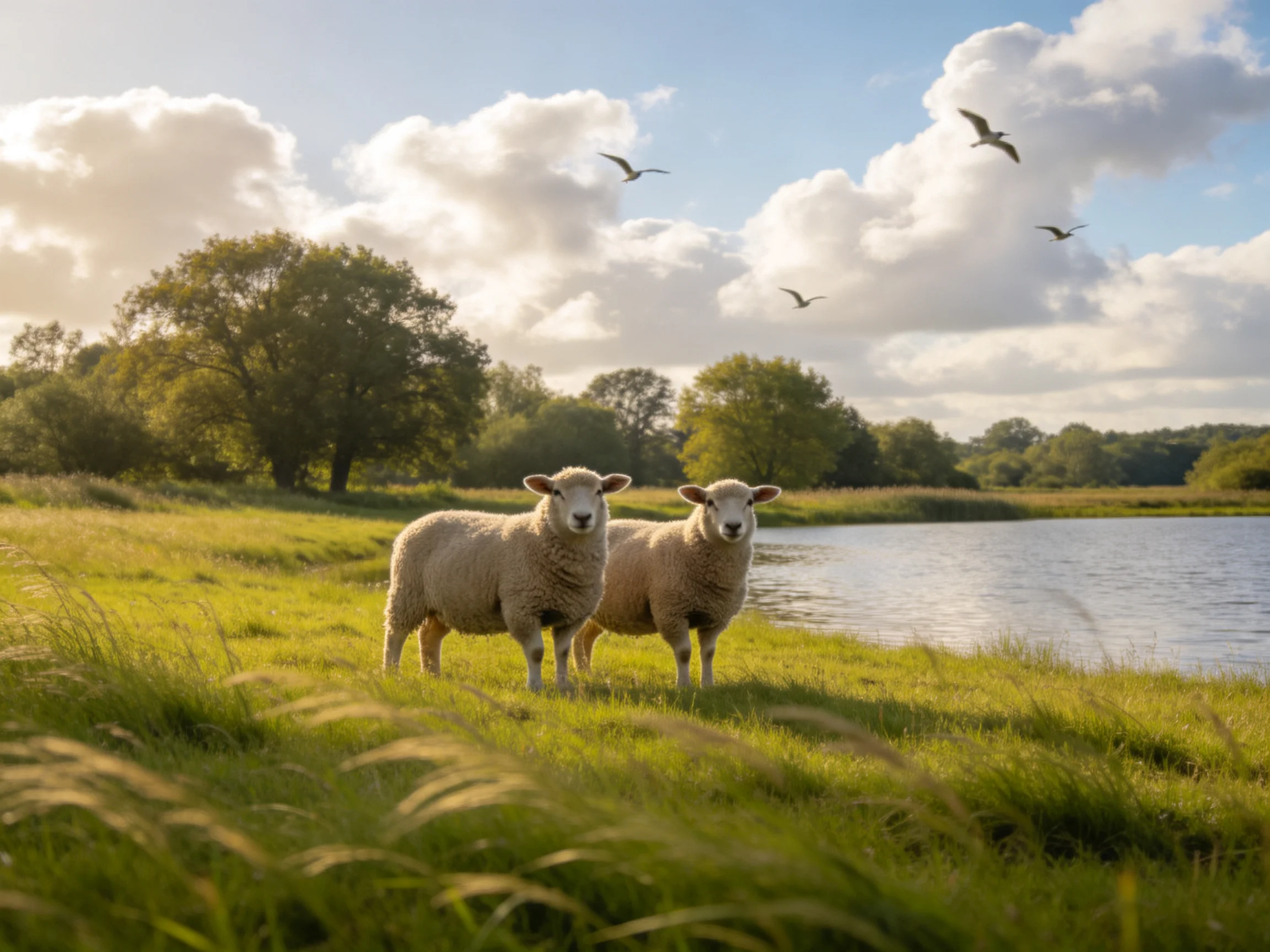 Two sheep stand near a calm lake with lush greenery