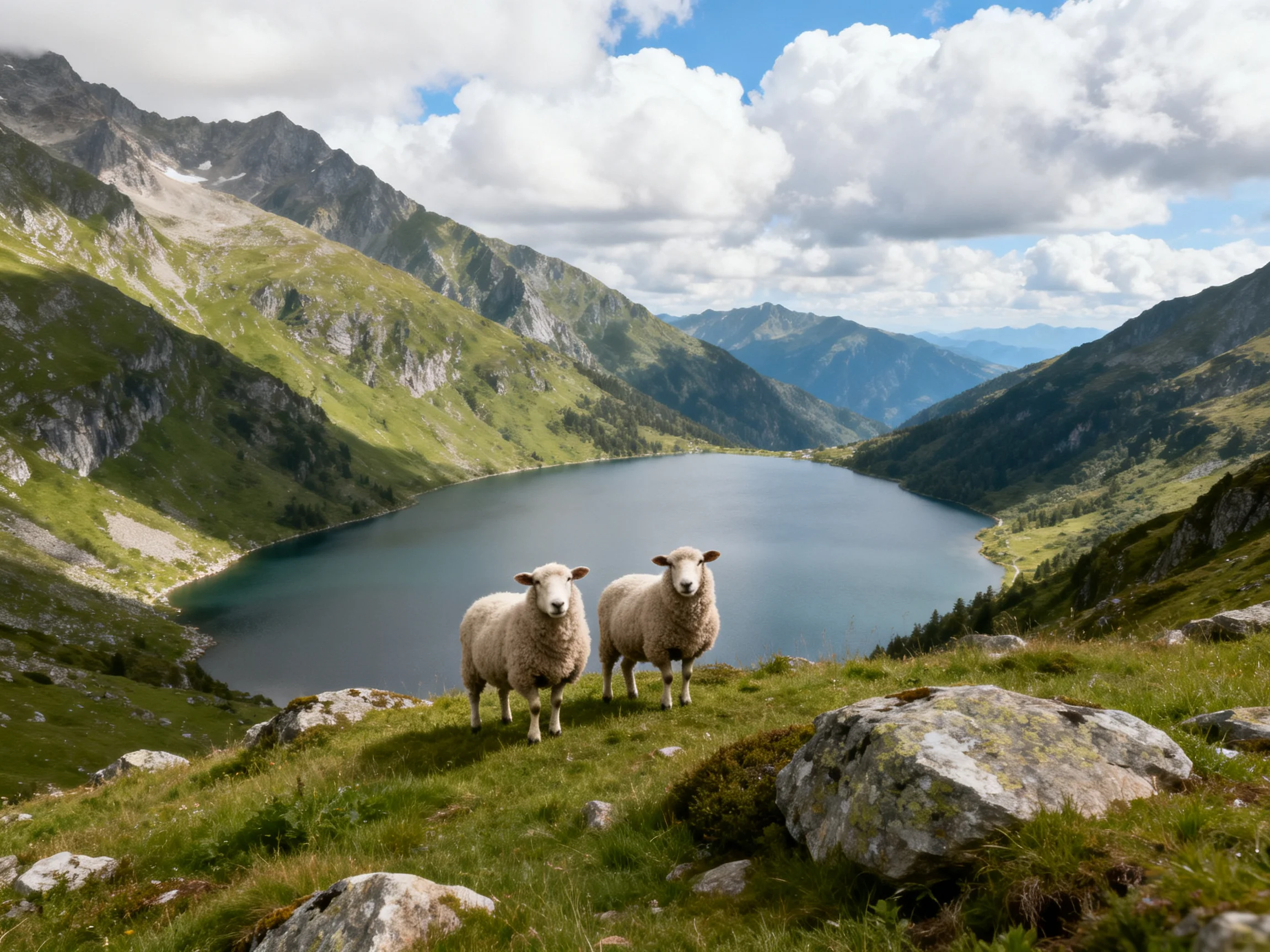 Two sheep stand by a tranquil mountain lake surrounded by lush green hills
